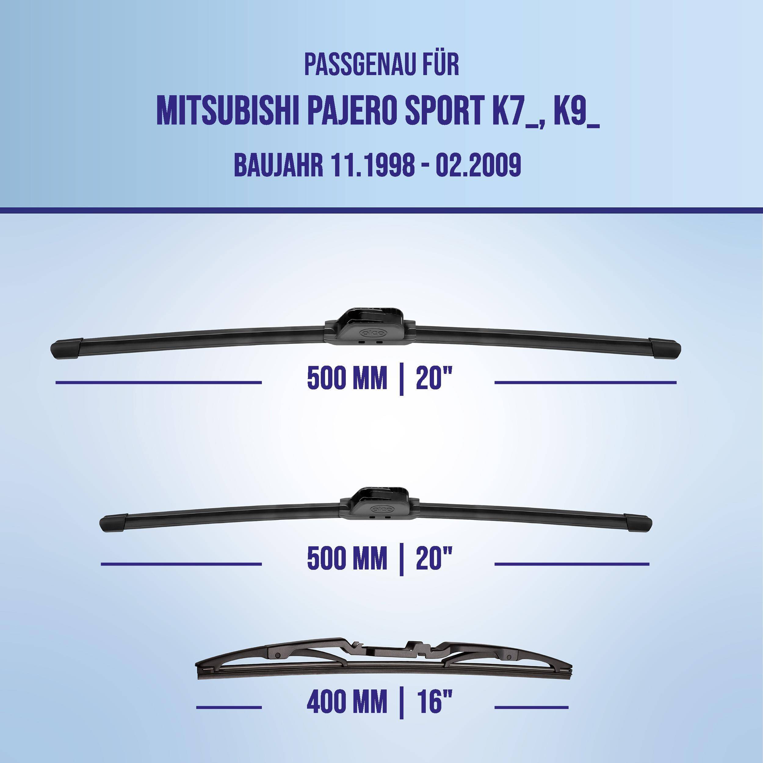 Wischerblatt-Größenleitfaden für Mitsubishi Pajero Sport K7/K9, Baujahre 11.1998-02.2009: zwei 500 mm (20