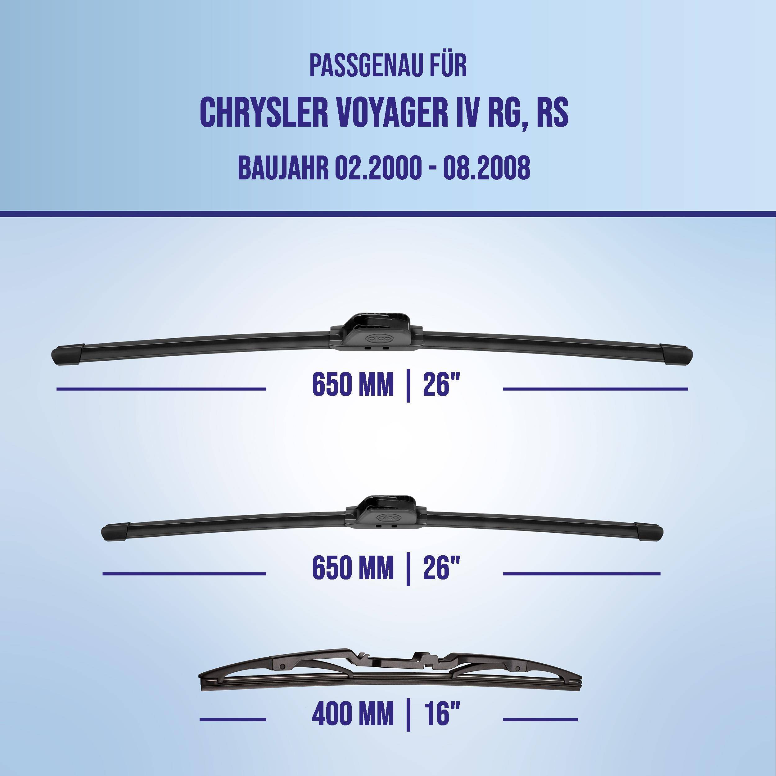 Grafik zeigt Scheibenwischblätter, die mit dem Chrysler Voyager IV RG, RS (02.2000-08.2008) kompatibel sind: zwei 650 mm/26