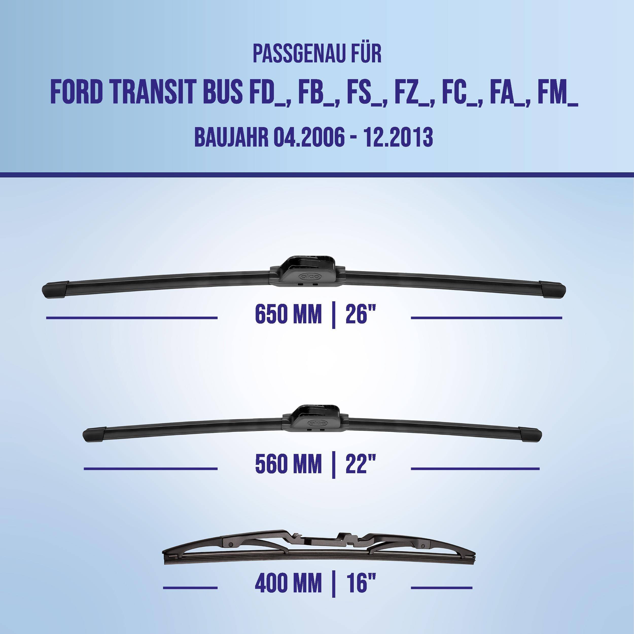 Kompatibilitätstabelle für Ford Transit Bus FD/FB/FS/FZ/FC/FA/FM, 04.2006-12.2013, zeigt Wischbladerlängen 650 mm (26