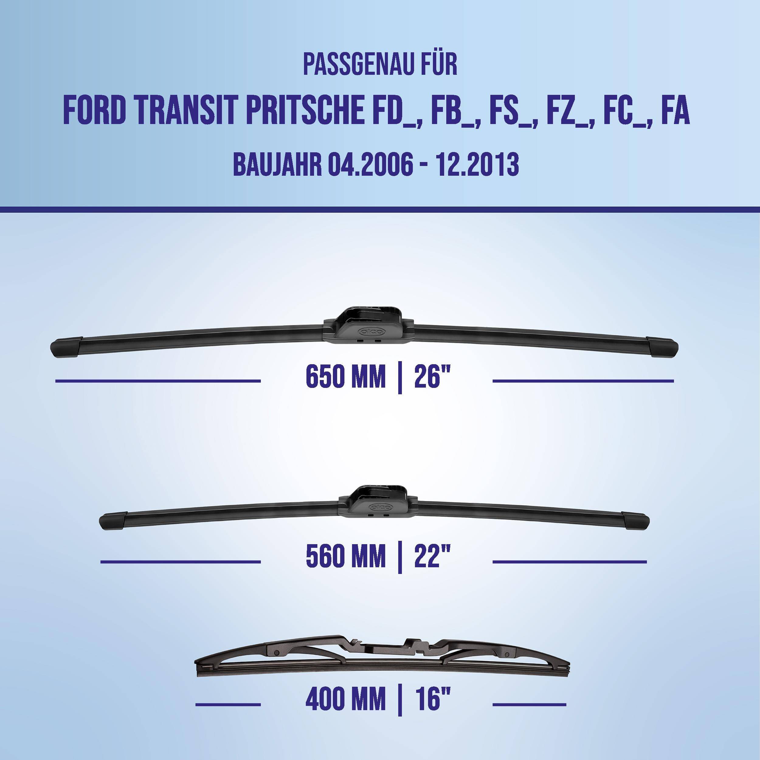Scheibenreiniger-Größenleitfaden für Ford Transit Pritsche FD/FB/FS/FZ/FC/FA (04.2006-12.2013): 650 mm (26