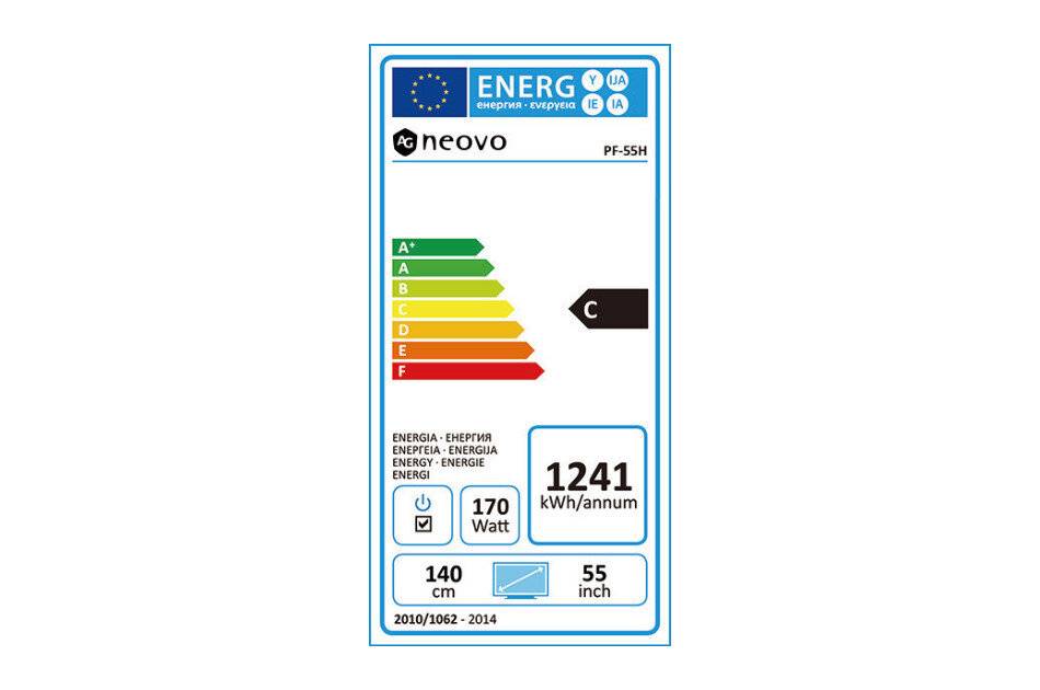 Energieeffizienzlabel für ein Neovo PF-55H Display, Effizienzklasse C, mit 1241 kWh/Jahr, 170 Watt Stromverbrauch, 140 cm und 55 Zoll Größe.