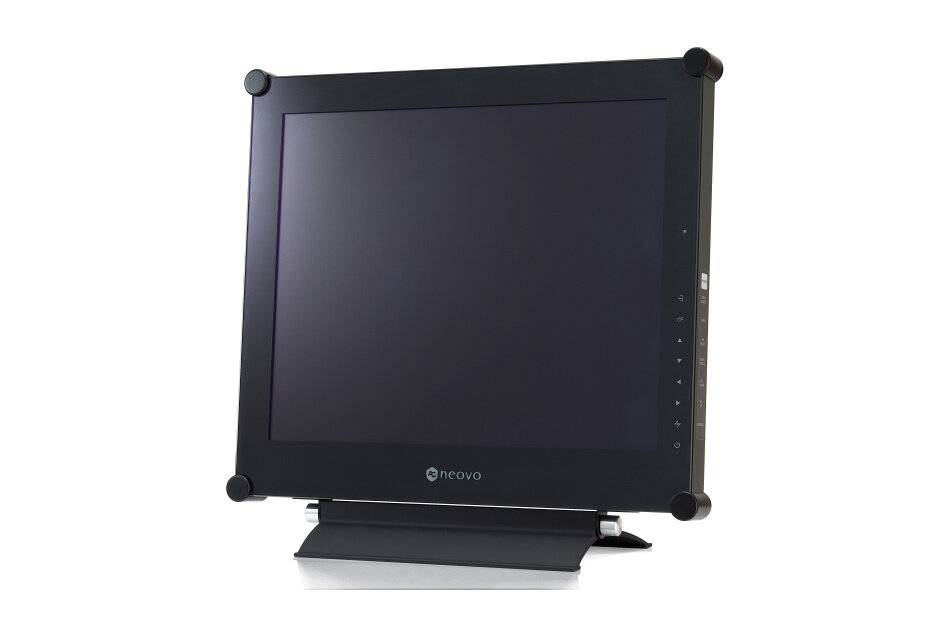 Schwarzer Flachbildschirm oder Monitor mit breitem Rahmen und Ständer, Vorderansicht auf weißem Hintergrund gezeigt.