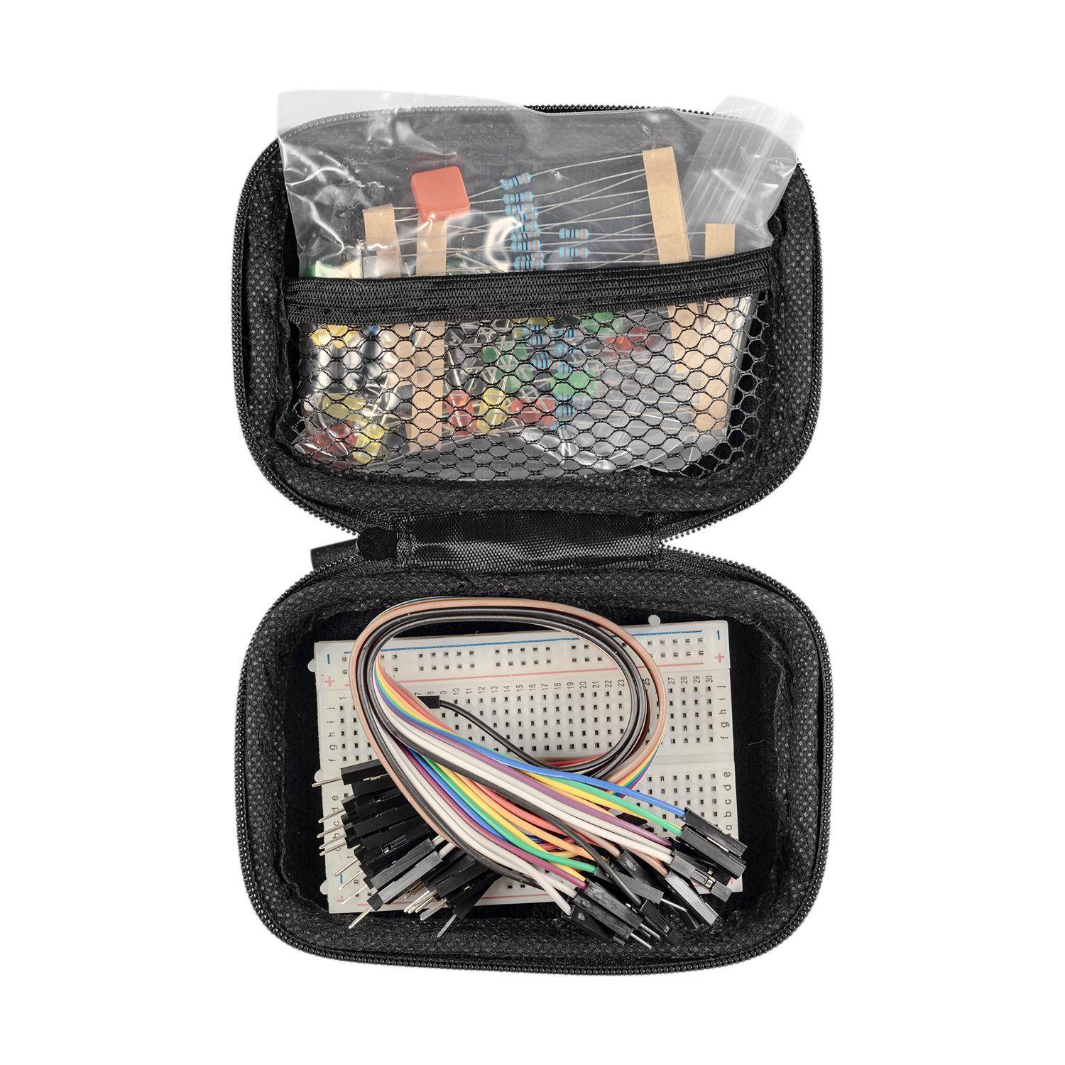 Elektronik Projekt-Kit mit Breadboard, Jumperkabeln, LEDs, Tastern, Buzzer, Widerständen & Tasche