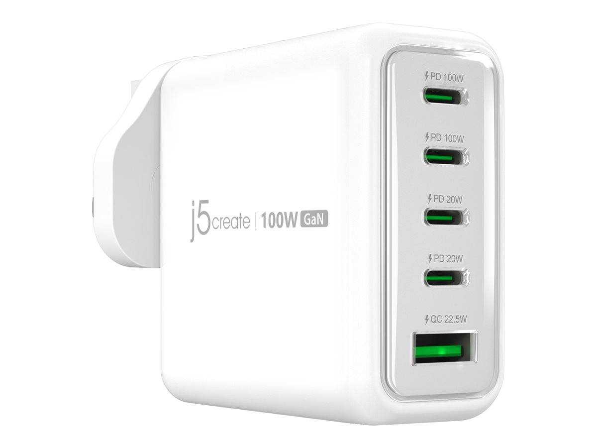 j5create JUP53100 - Netzteil - GaN - 100 Watt - 5 A - QC 3.0, Power Delivery 3.0 + PPS - 5 Ausgabeanschlussstellen (4 x