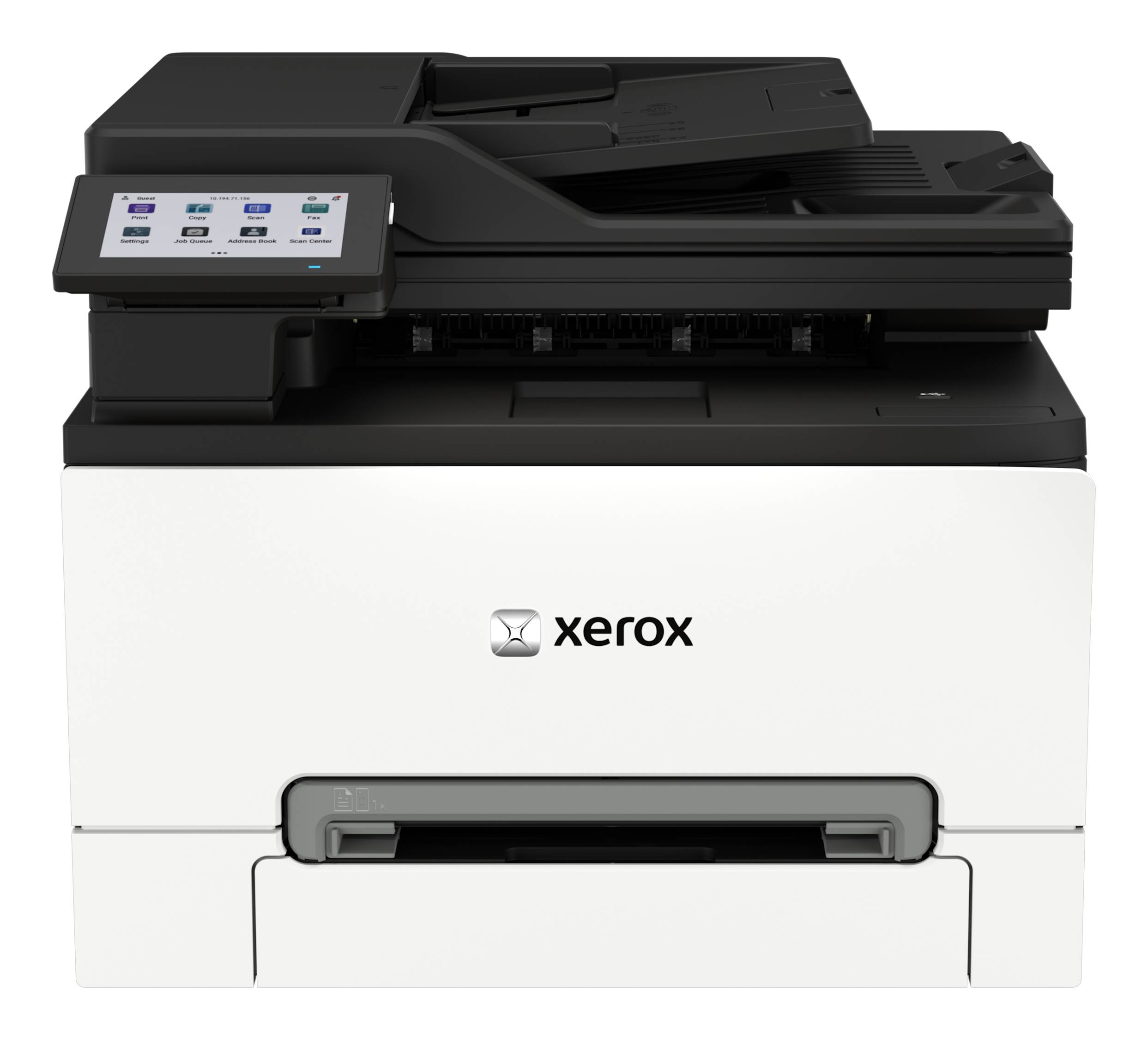 Xerox-Multifunktionsdrucker mit Touchscreen-Bedienfeld und vorderer Papierschublade, abgebildet auf weißem Hintergrund.