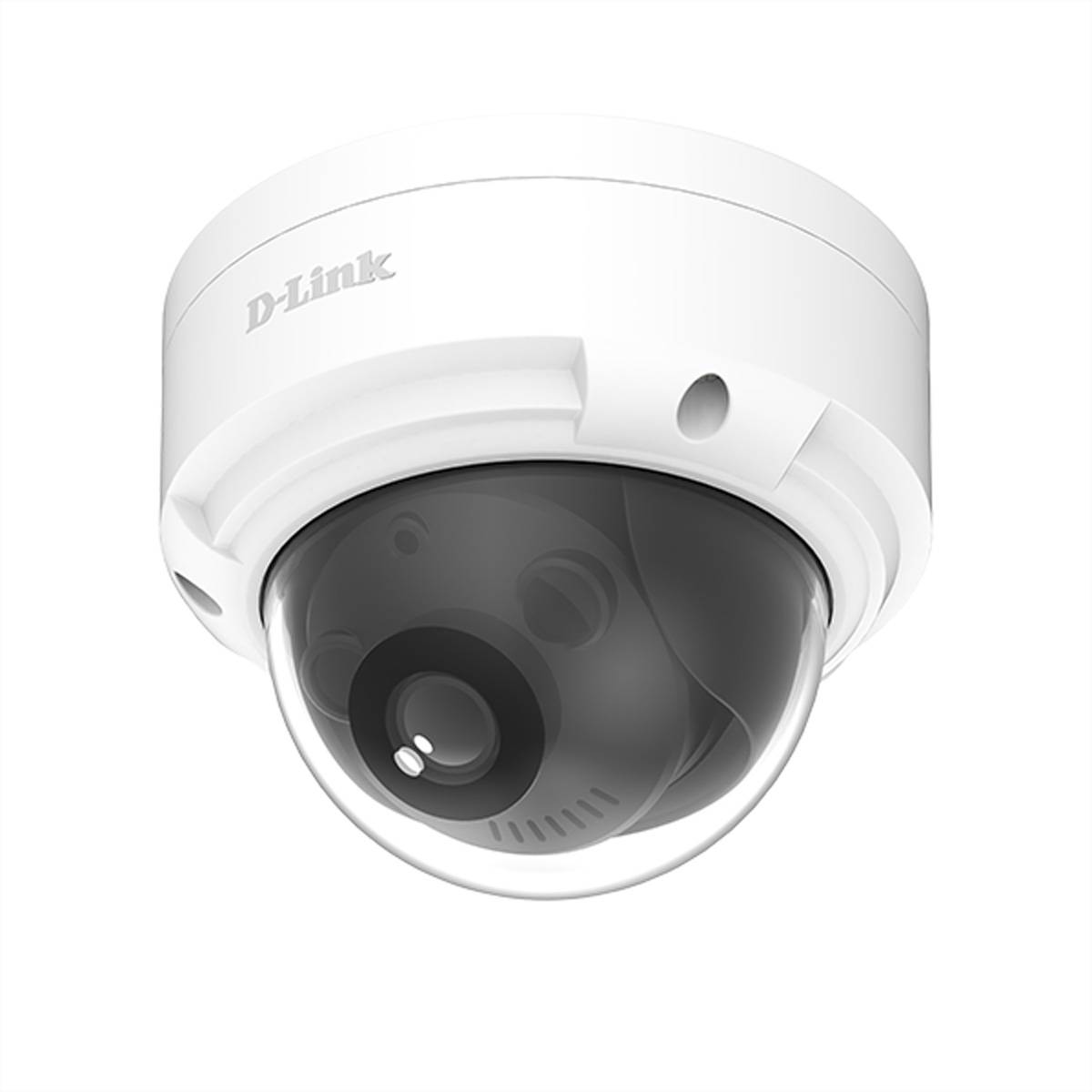 Weiße D-Link Dome-Sicherheitskamera mit dunklem getöntem Linsengehäuse, vor einfachem Hintergrund gezeigt.