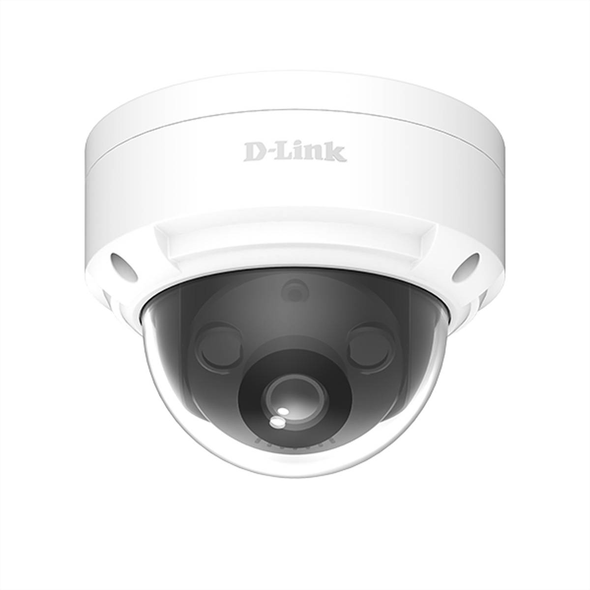 Weiße D-Link-Kuppel-Sicherheitskamera mit schwarzer Linsenblende auf einfachem weißem Hintergrund.