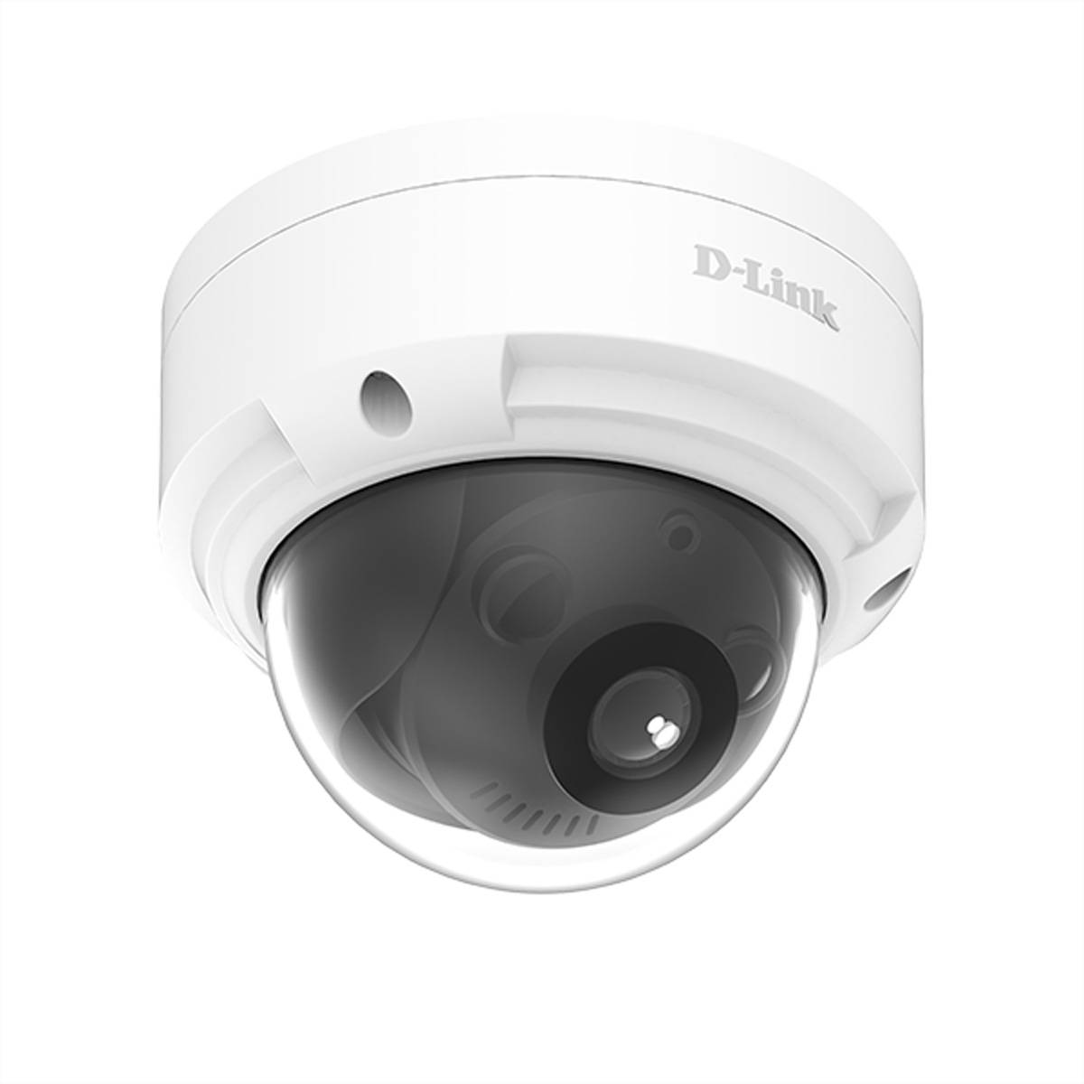 Weiße D-Link Domensicherheitskamera mit getöntem schwarzem Objektiv auf weißem Hintergrund.