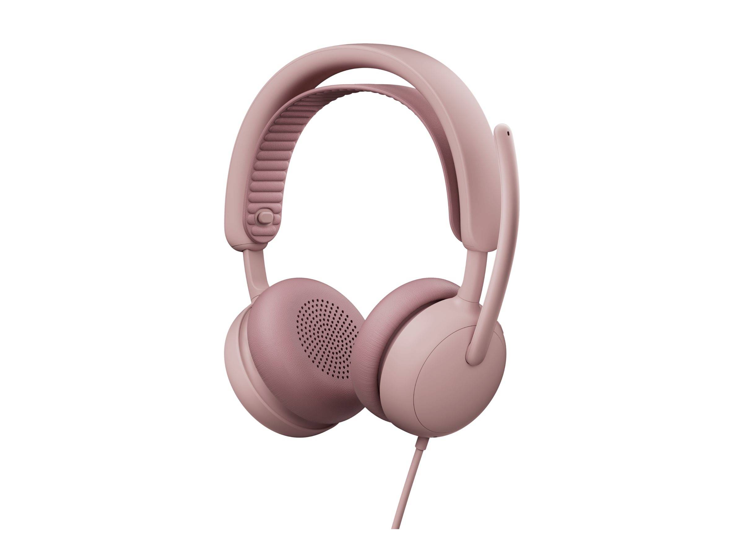 Rosa Over-Ear-Kopfhörer mit Kabel, gepolsterter Kopfbügel und runde Ohrmuscheln, auf einfachem weißem Hintergrund dargestellt.