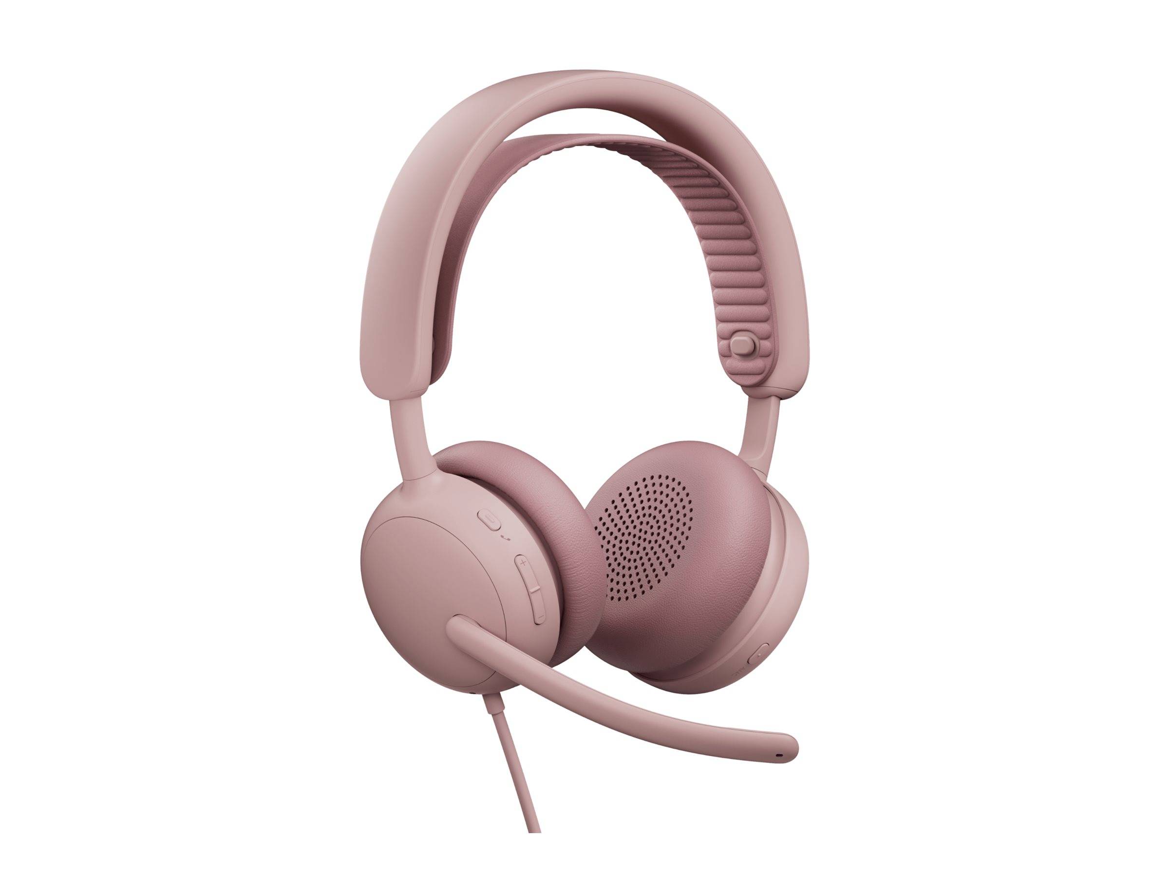 Rosa Over-Ear-Kopfhörer mit gepolstertem Kopfbügel, Mikrofonausleger und Inline-Kabel auf weißem Hintergrund.