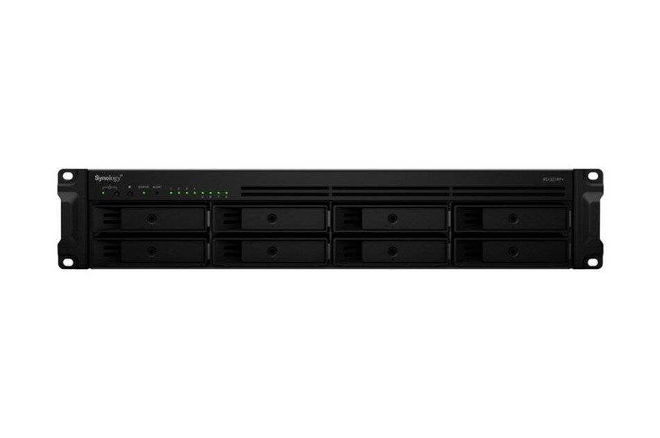 Vorderansicht eines schwarzen, in ein Gestell einbaubaren Speicherservers mit mehreren Hot-Swap-Laufwerkschächten und Status-LEDs.