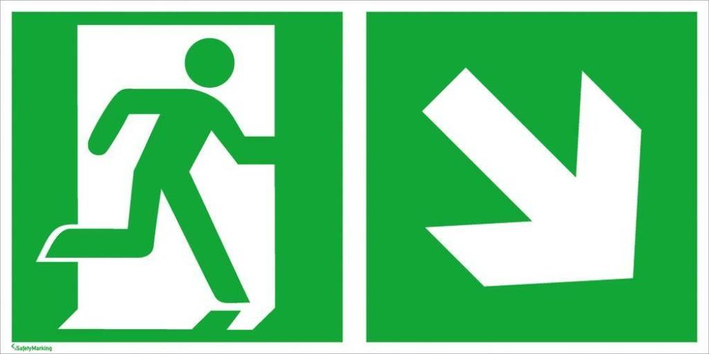 Rettungsschild, Notausgang rechts runter mit RichtungspfeilASR A1.3 E002 ZusatzzeichenDIN EN ISO 7010 E002 ZusatzzeichenLangnachleuchtend, DIN 67510