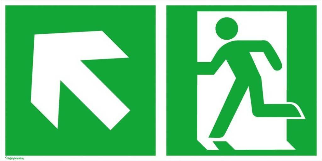 Rettungsschild, Notausgang links hoch mit RichtungspfeilASR A1.3 E001 ZusatzzeichenDIN EN ISO 7010 E001 ZusatzzeichenLangnachleuchtend, DIN 67510-1