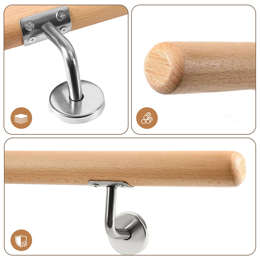 Handlauf mit Geländer als Komplett-Set aus Buchenholz mit Stuetzen und Wandhaltern fuer Treppen 200CM