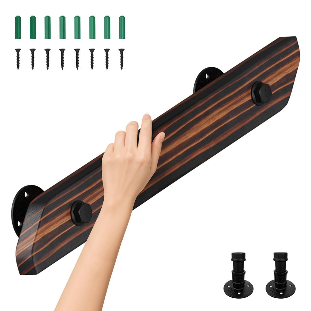 Handlauf aus Holz mit Geländer flach braun lackiert inklusive Halterungen und Endkappen fuer Treppen 200CM