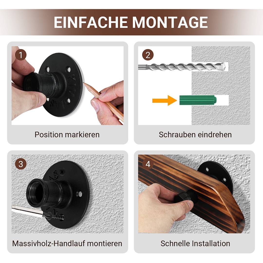 Handlauf aus Holz mit Geländer flach braun lackiert mit Stuetzen und Rohrverbindern fuer Treppen innen 60CM