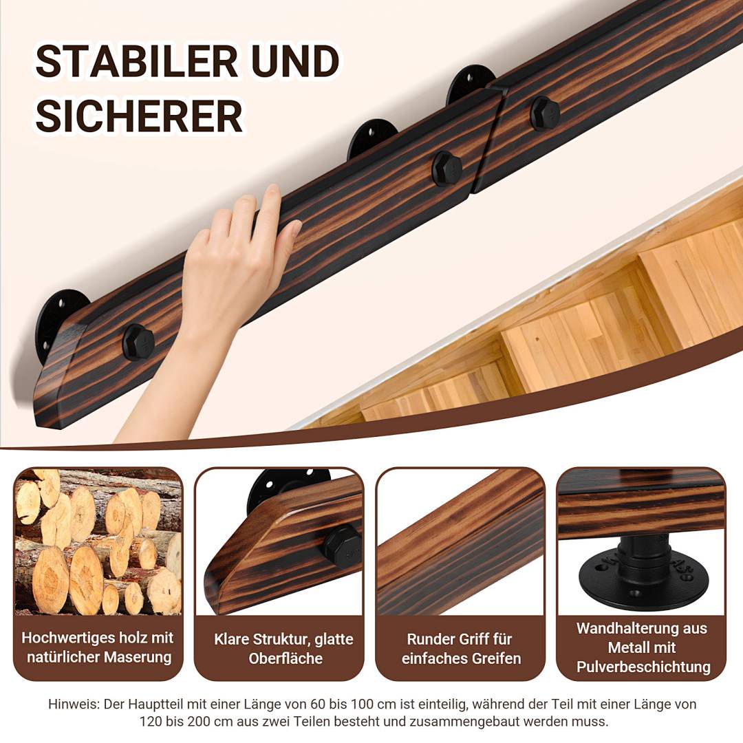 Handlauf aus Holz mit Geländer flach braun lackiert inklusive Halterungen und Endkappen fuer Treppen 200CM