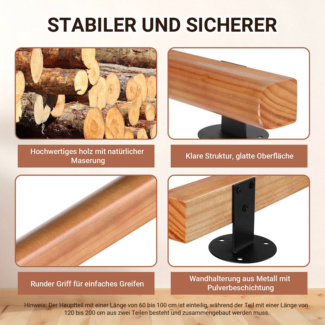 Handlauf aus Holz mit rundem Geländer in Nussbaum-Ton lackiert inklusive Halterungen und Rohrverbindern 150CM