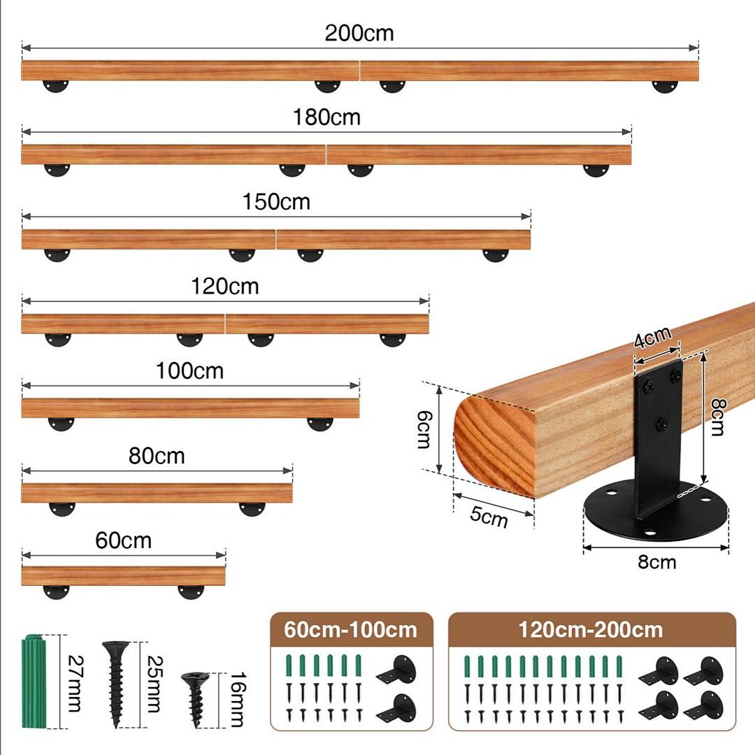 Handlauf aus Holz mit rundem Geländer hellbraun lackiert mit Wandhaltern und Endkappen fuer Treppen 60CM