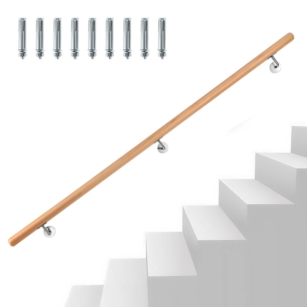 Handlauf mit Geländer als Komplett-Set aus Buchenholz mit Stuetzen und Wandhaltern fuer Treppen 50CM