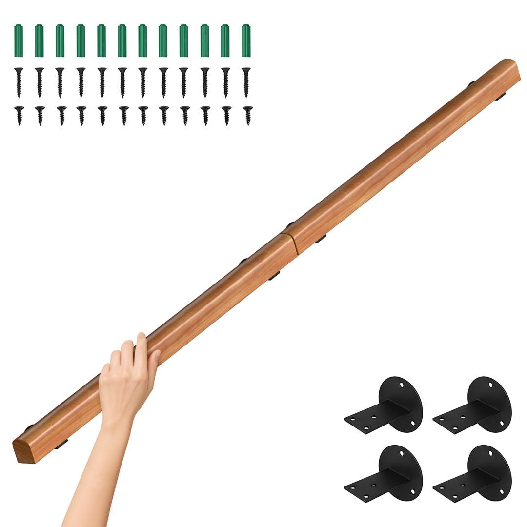 Handlauf aus Holz mit rundem Geländer hellbraun lackiert mit Wandhaltern und Endkappen fuer Treppen 80CM