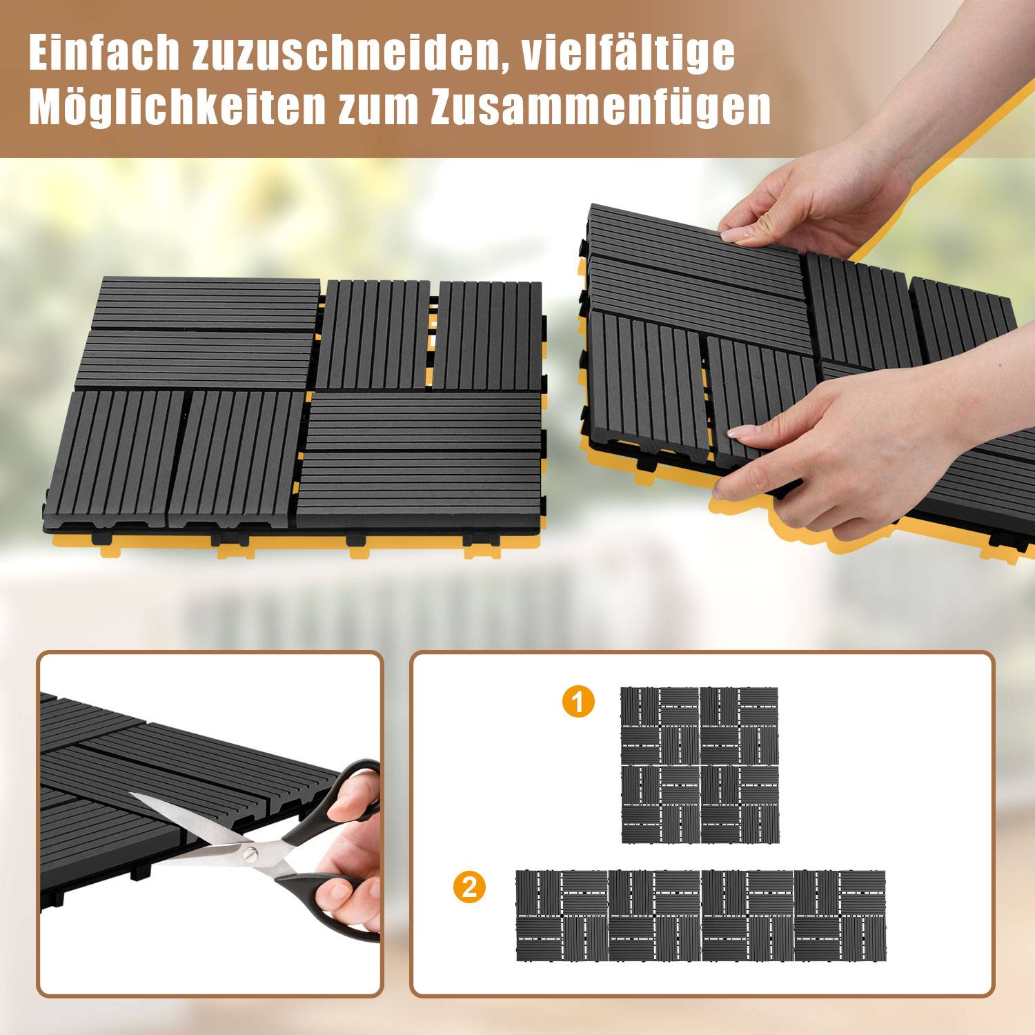 22 Stück Anthrazit WPC Terrassenfliesen aus Holz-Kunststoff-Verbund, pflegeleicht, für Garten, Balkon und Wintergarten