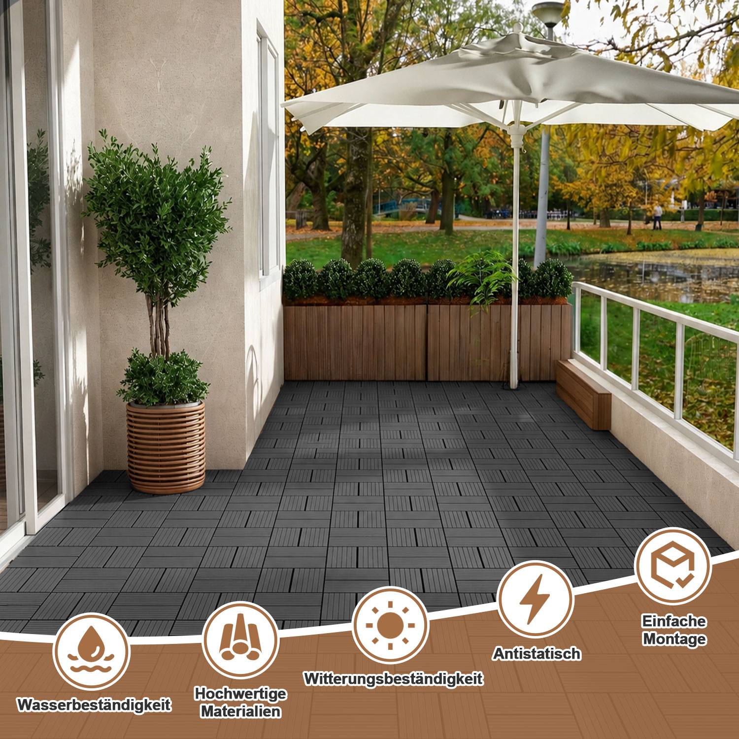22 Stück Anthrazit WPC Terrassenfliesen aus Holz-Kunststoff-Verbund, pflegeleicht, für Garten, Balkon und Wintergarten