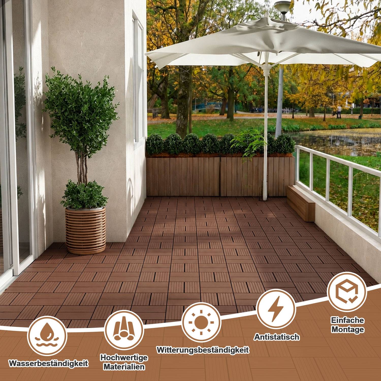 22 Stück Braun WPC Terrassenfliesen aus Holz-Kunststoff-Verbund, pflegeleicht, für Garten, Balkon und Wintergarten