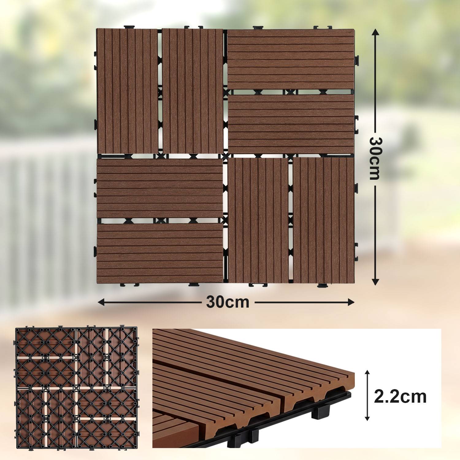 88 Stück WPC Terrassenfliesen 30 x 30 cm, pflegeleichte Terrassenfliesen, ideal für Balkon, Terrasse und Garten Braun