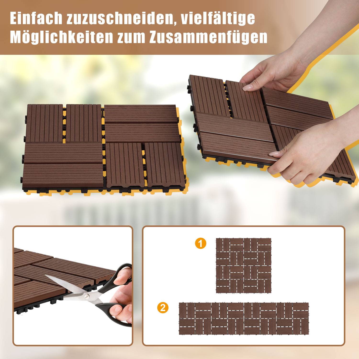 110 Stück WPC Terrassenfliesen 30 x 30 cm, pflegeleichte Terrassenfliesen, ideal für Balkon, Terrasse und Garten Braun