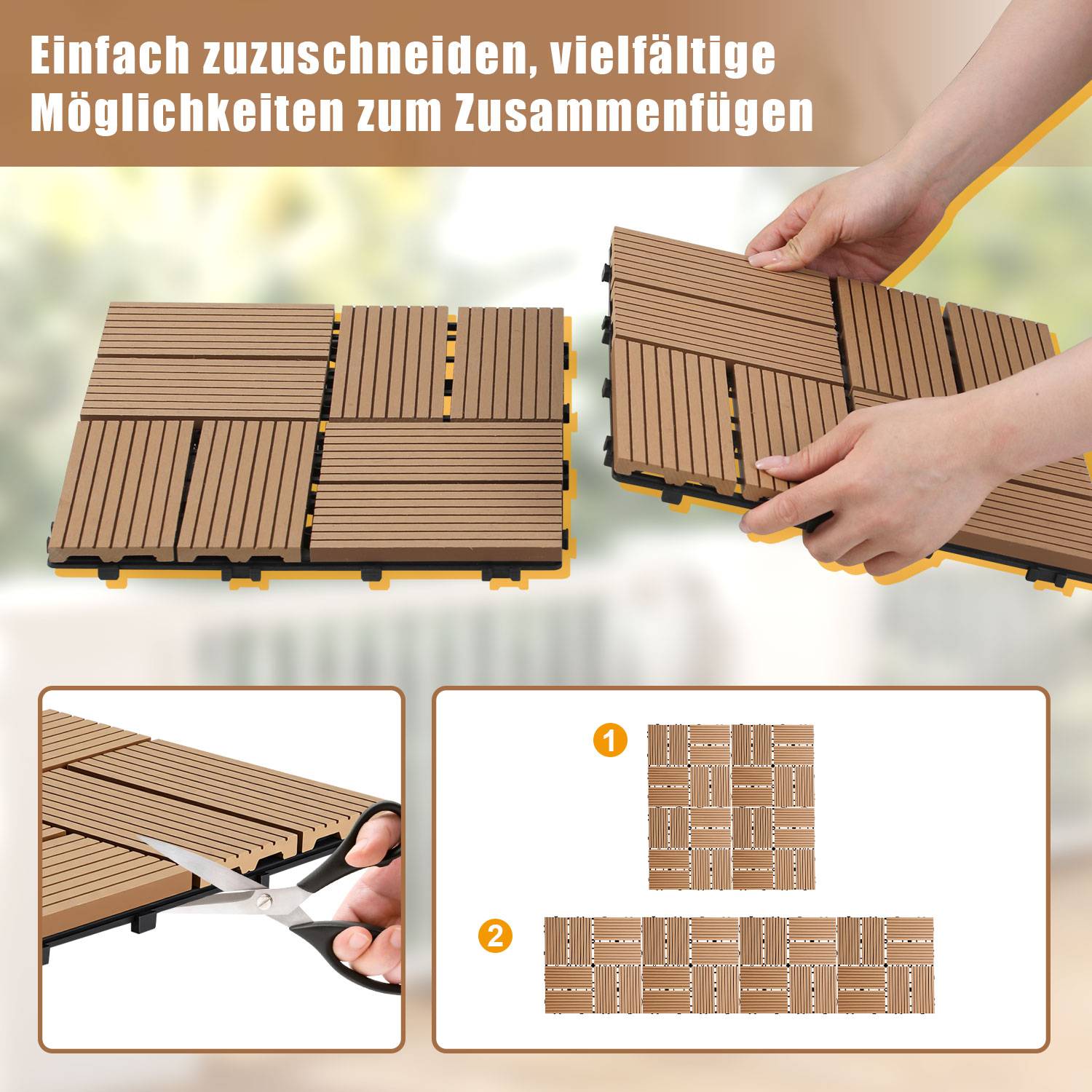 55 Stück Teak WPC Terrassenfliesen aus Holz-Kunststoff-Verbund, pflegeleicht, für Garten, Balkon und Wintergarten