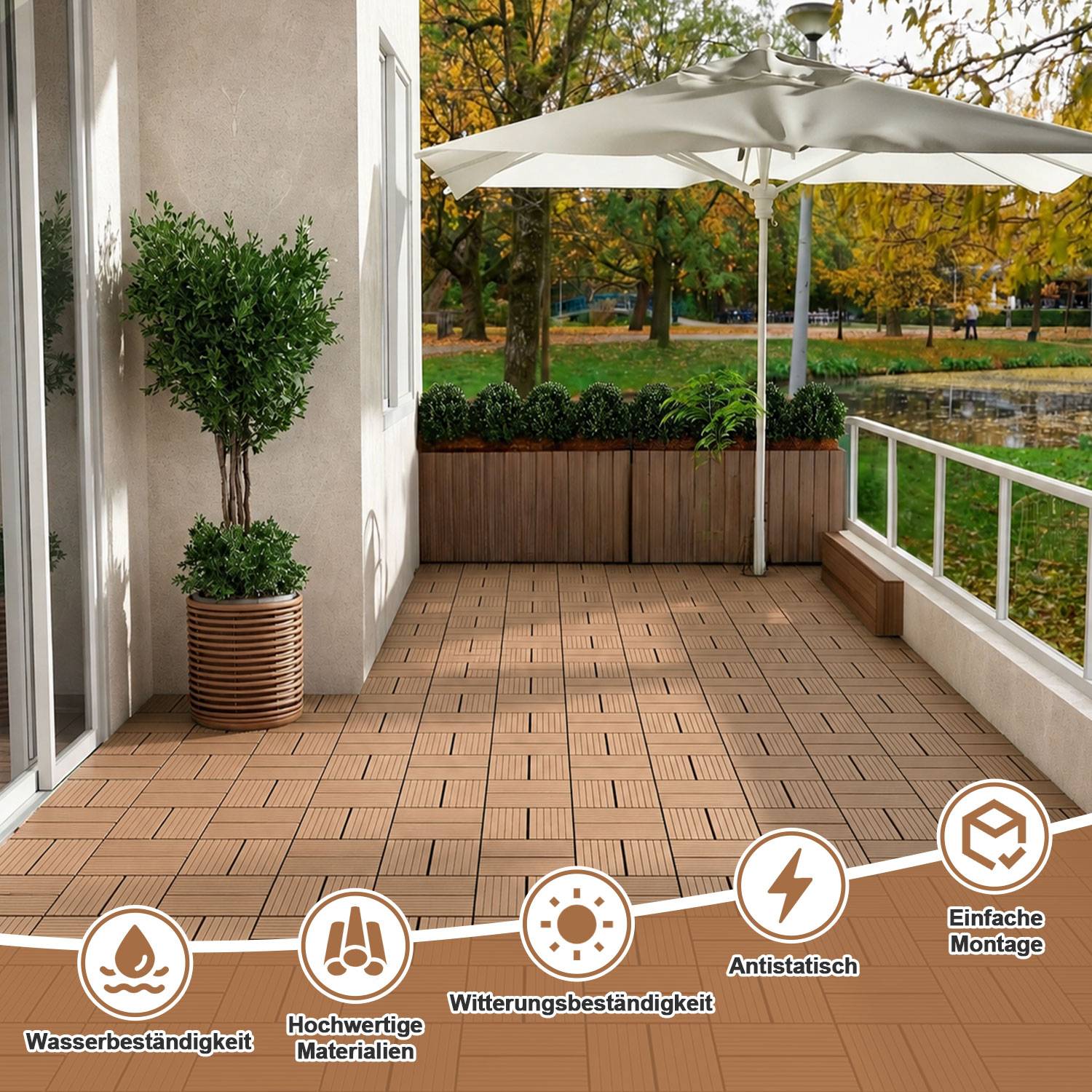 88 Stück WPC Terrassenfliesen 30 x 30 cm, pflegeleichte Terrassenfliesen, ideal für Balkon, Terrasse und Garten Teak