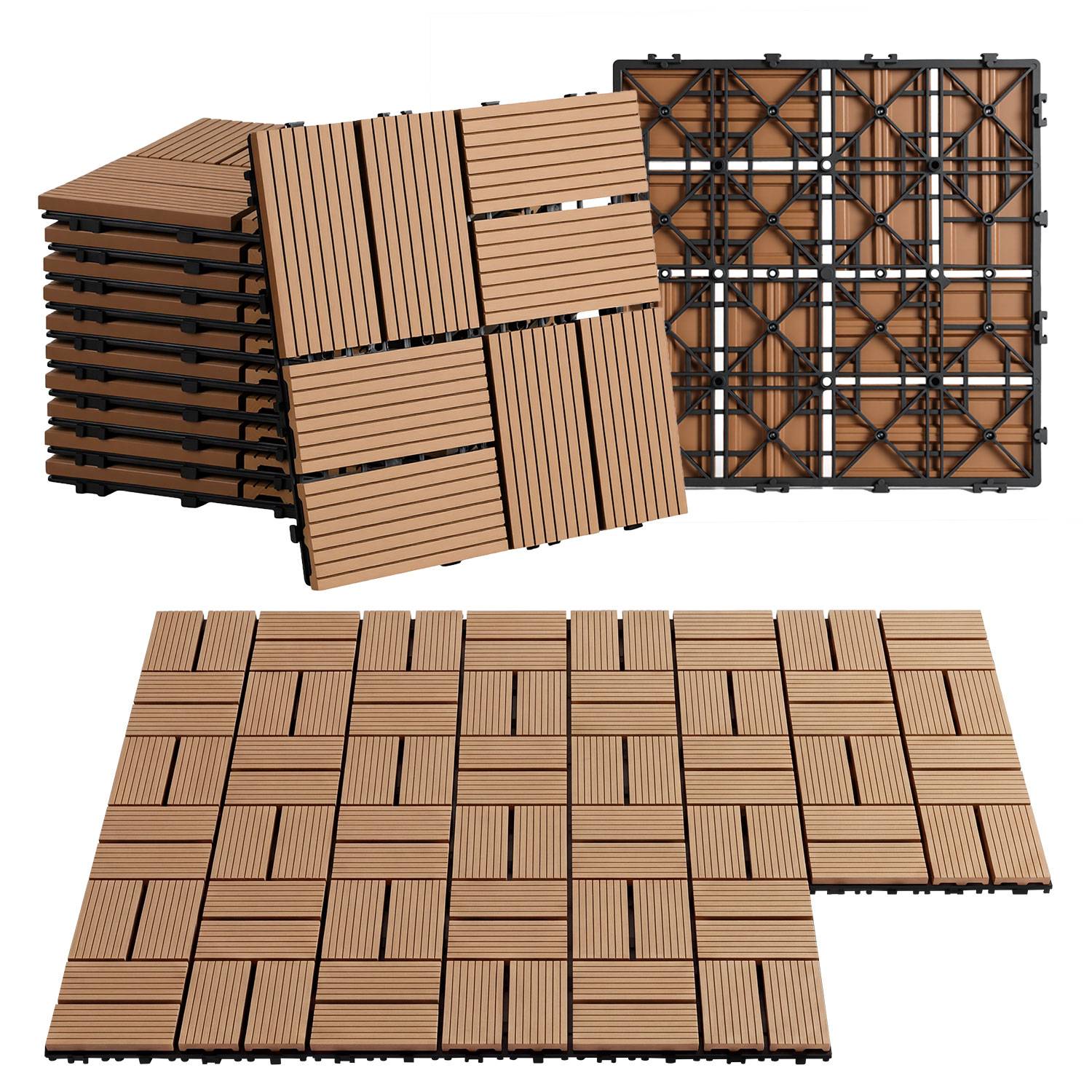 88 Stück Teak WPC Terrassenfliesen aus Holz-Kunststoff-Verbund, pflegeleicht, für Garten, Balkon und Wintergarten
