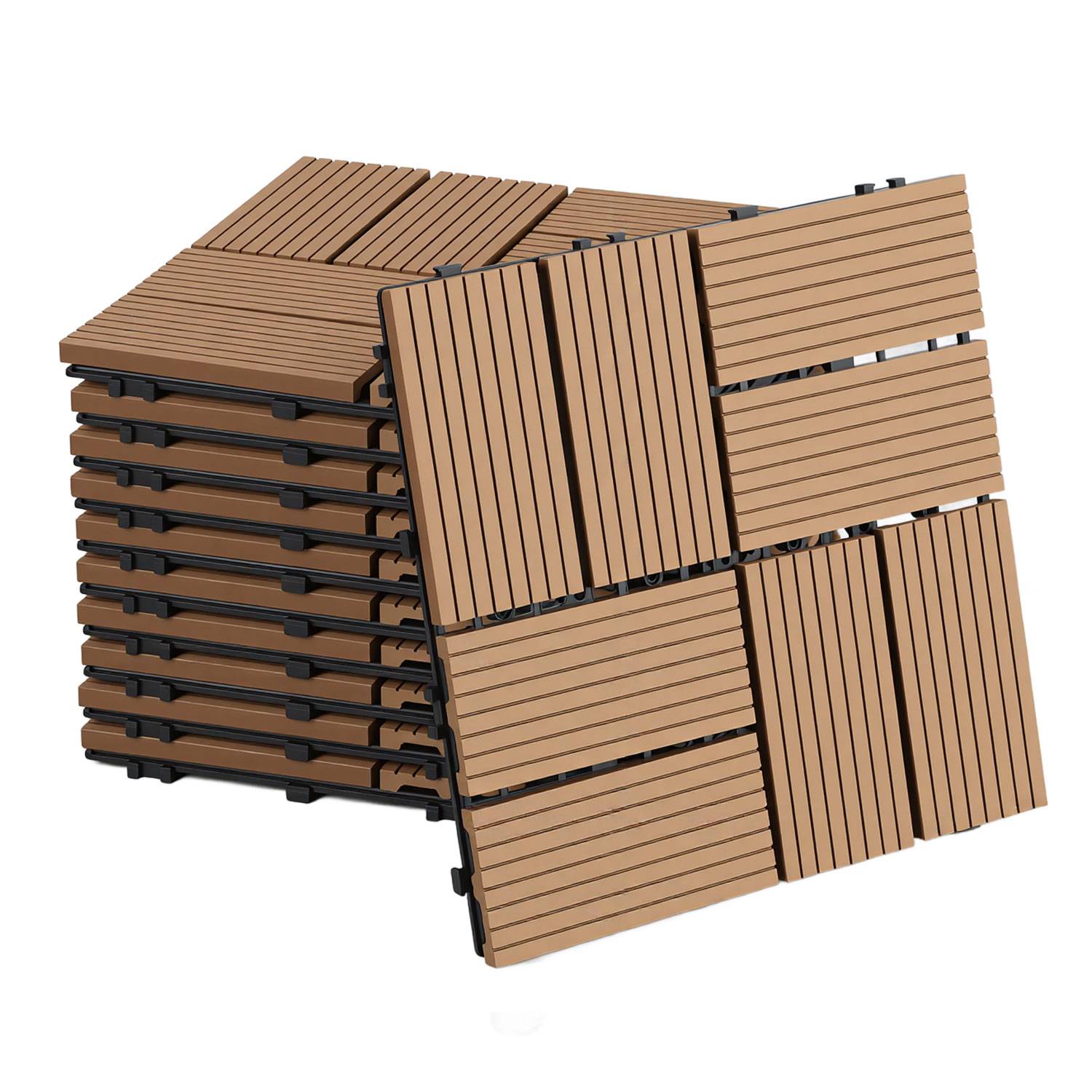 44 Stück WPC Terrassenfliesen 30 x 30 cm, pflegeleichte Terrassenfliesen, ideal für Balkon, Terrasse und Garten Teak
