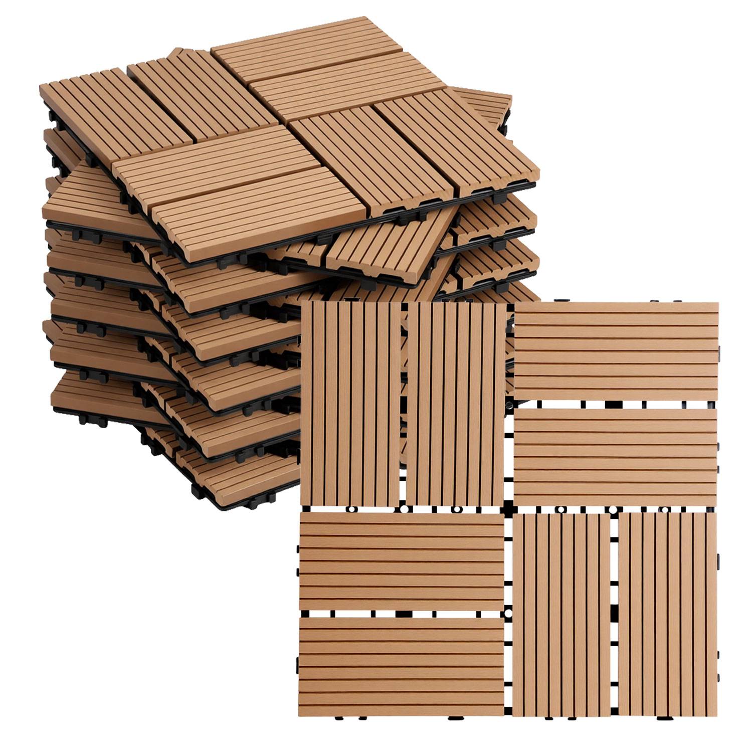 55 Stück Teak WPC Terrassenfliesen aus Holz-Kunststoff-Verbund, pflegeleicht, für Garten, Balkon und Wintergarten