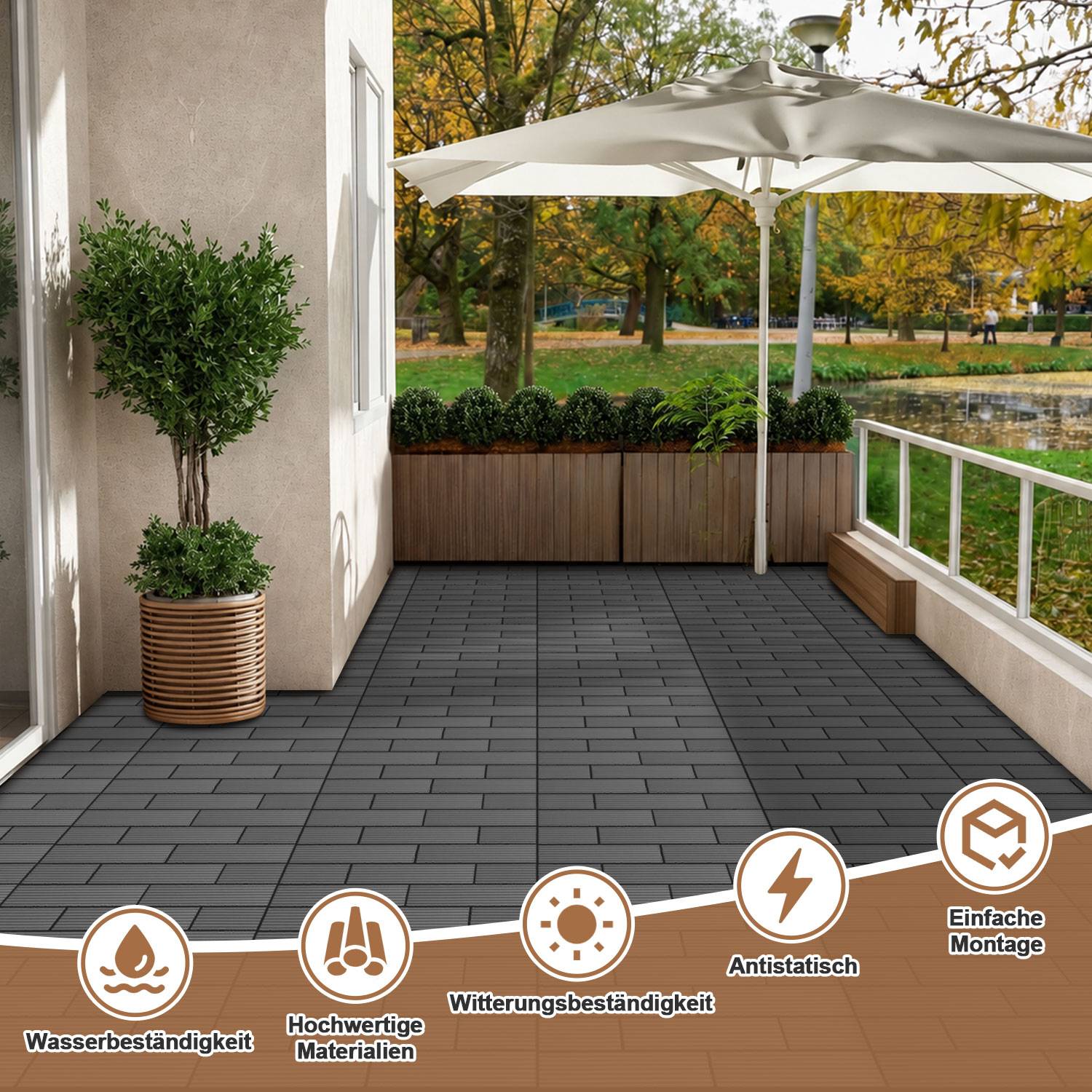 6 Stück Terrassenfliesen 30 x 60 cm mit Klicksystem, UV- und witterungsbeständig für Terrasse, Pool und Balkon Anthrazit