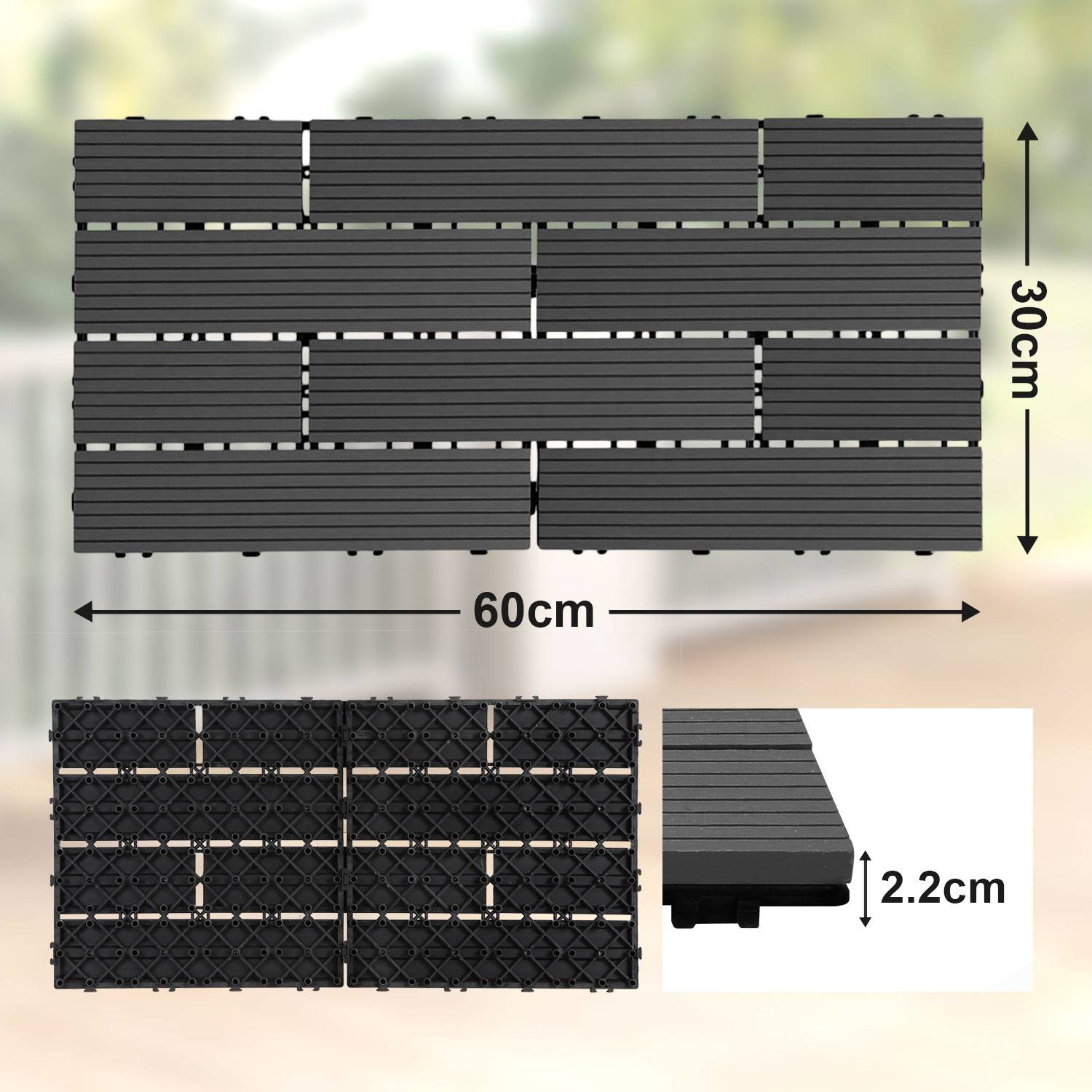 6 Stück Terrassenfliesen 30 x 60 cm mit Klicksystem, UV- und witterungsbeständig für Terrasse, Pool und Balkon Anthrazit
