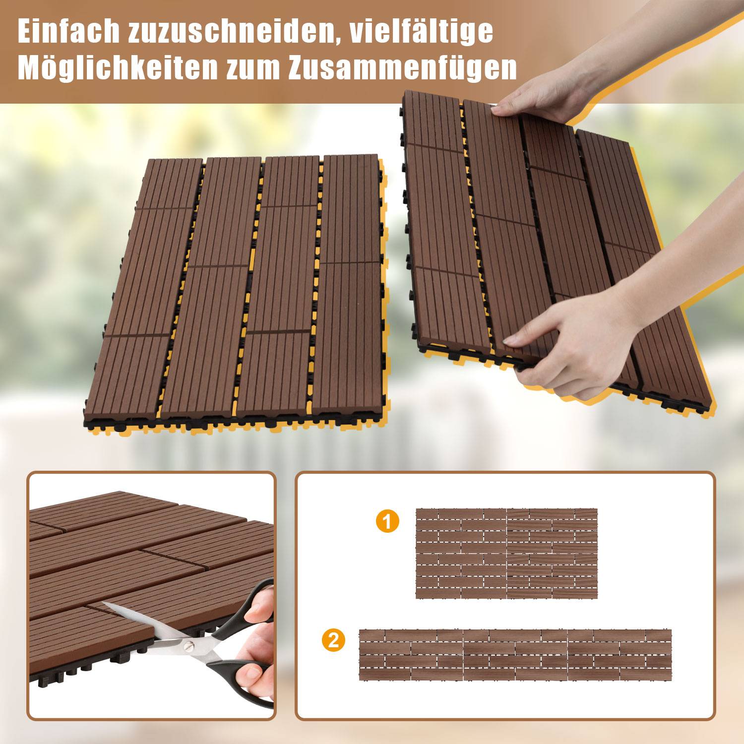 42 Stück Terrassenfliesen 30 x 60 cm mit Klicksystem, UV- und witterungsbeständig für Terrasse, Pool und Balkon Braun