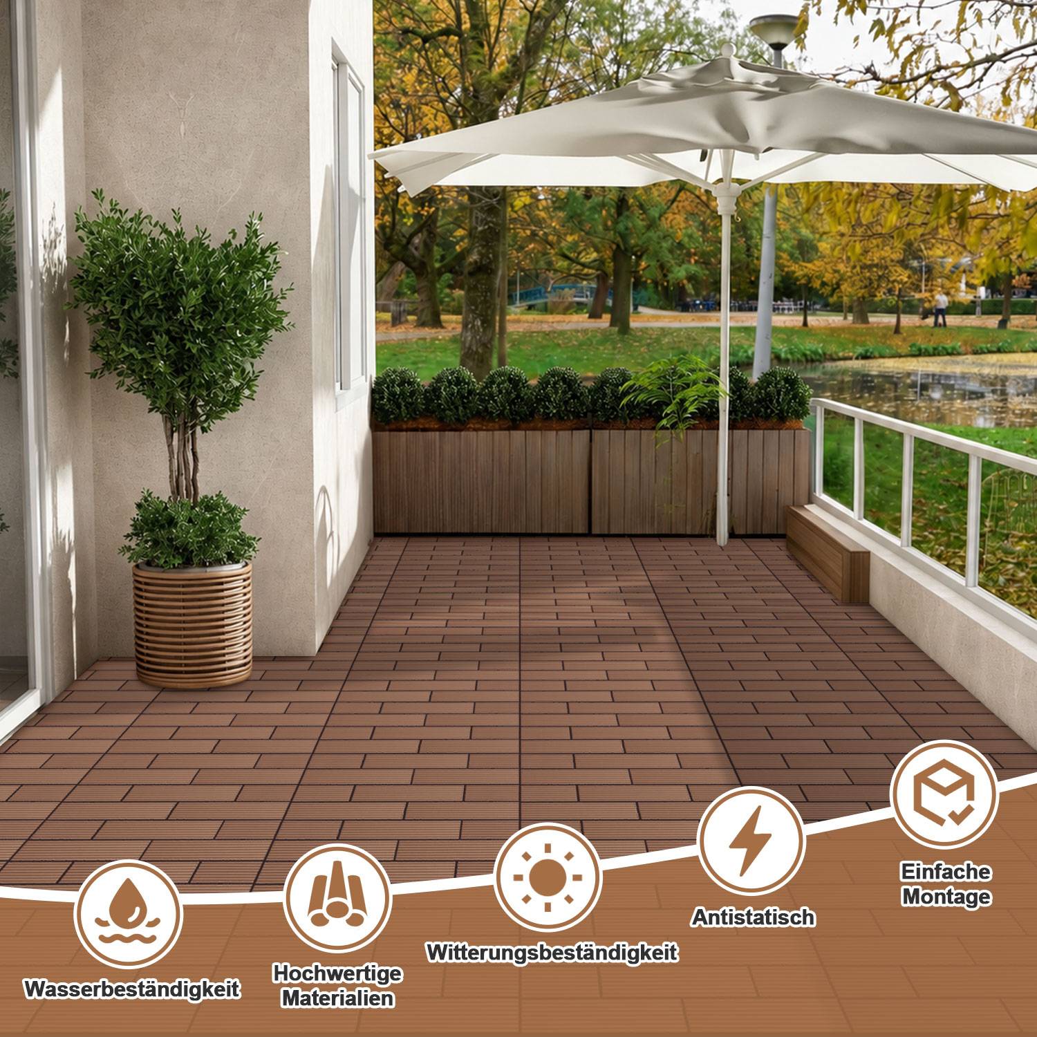 36 Stück Braun WPC Terrassenfliesen mit Drainage-System, rutschfest, ideal für Terrasse, Sauna, Pool und Spa