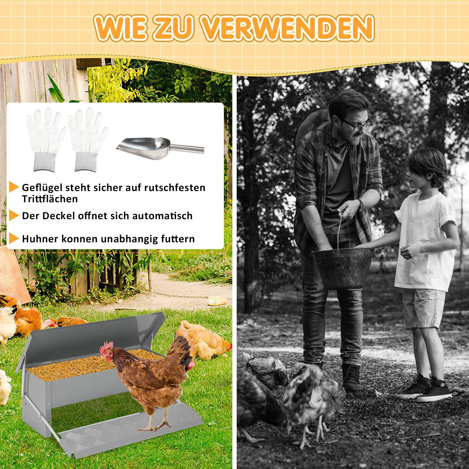 Hühner Futterautomat 5 kg wetterfest, automatischer Geflügel Futterspender mit Trittklappe und Zubehör
