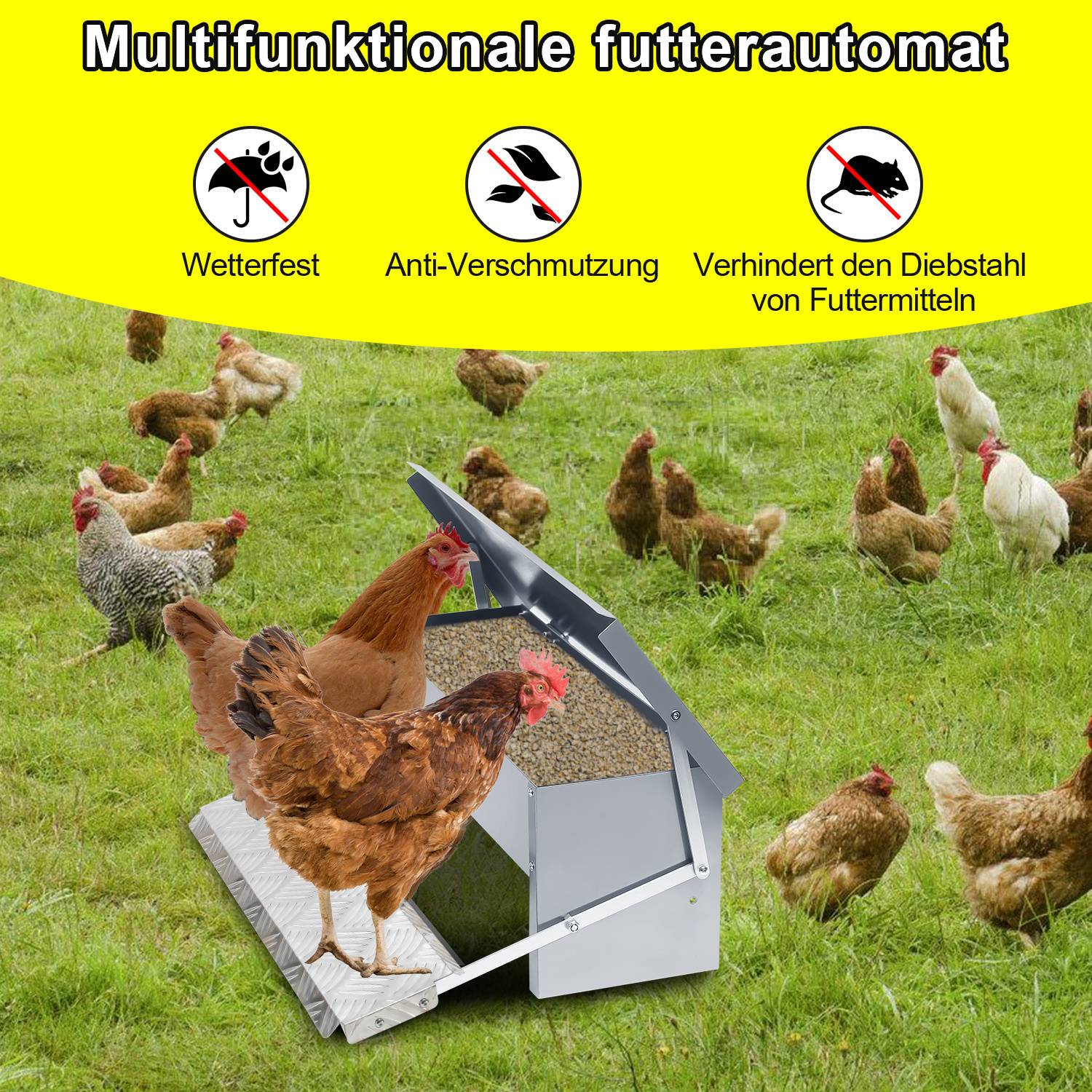 Futterautomat Hühner 5 kg, Geflügel Futterspender verzinkt mit rutschfester Trittplatte
