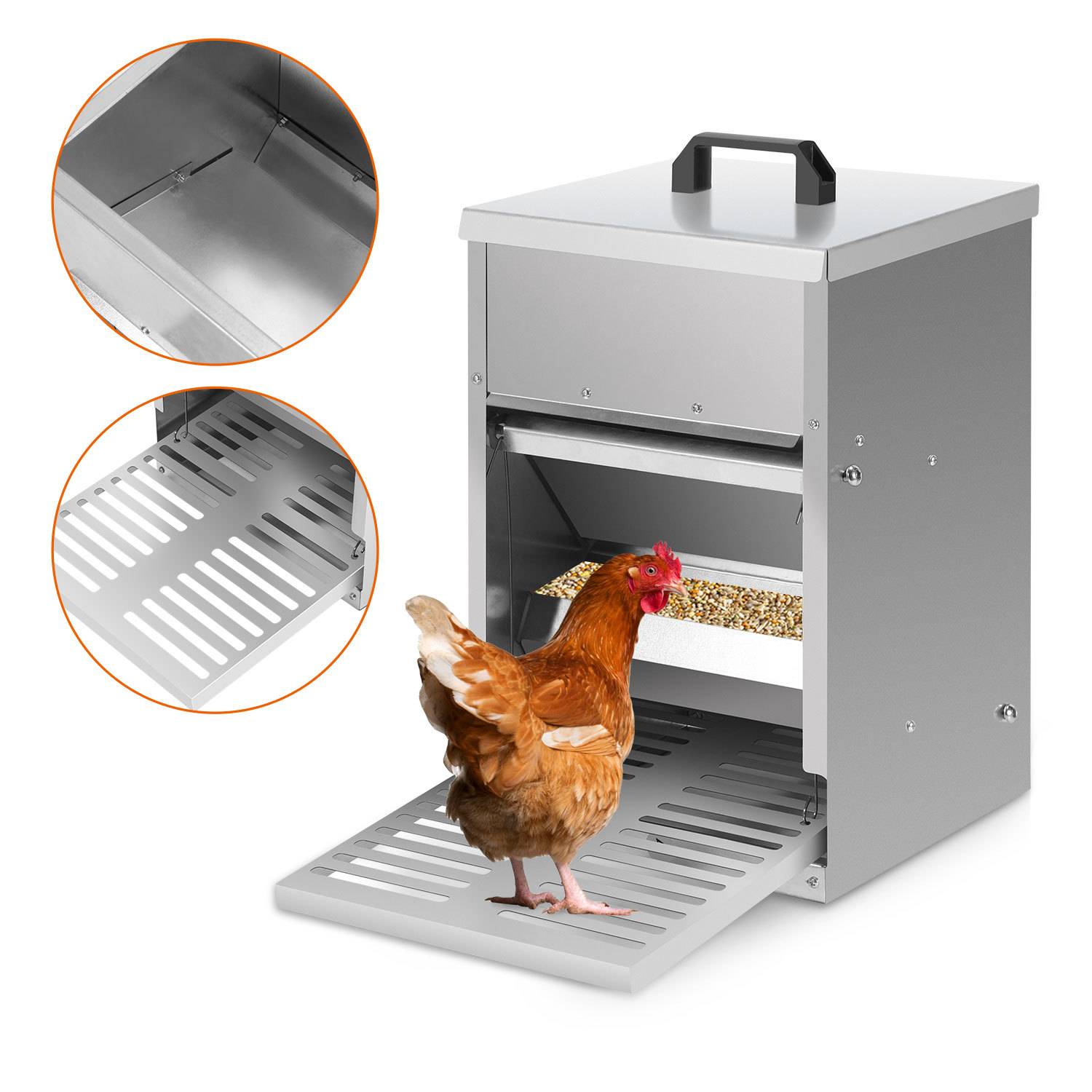 Futterautomat Hühner 5 kg aus verzinktem Stahl, stehender Geflügel Futterspender mit Trittklappe