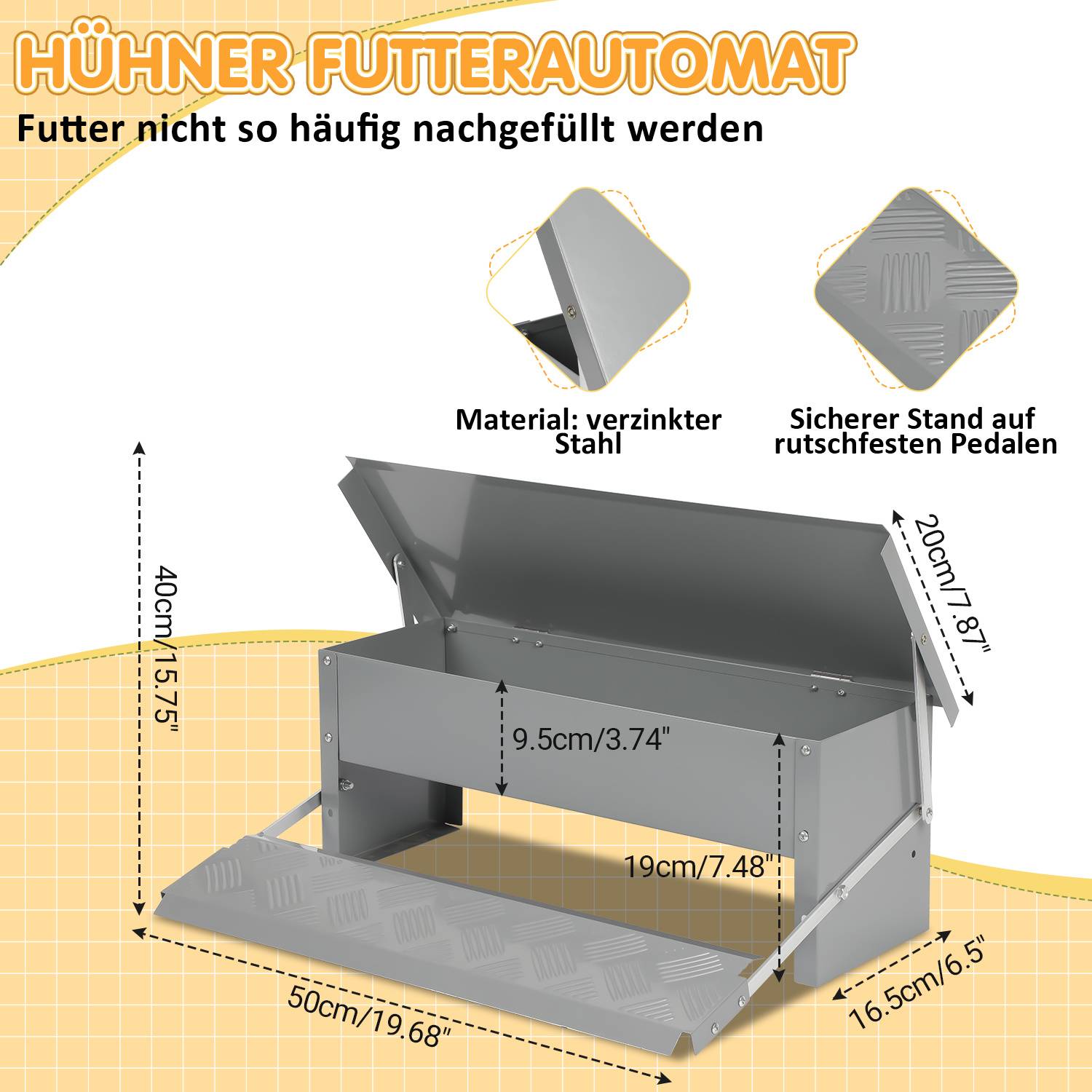 Futterautomat für Hühner 5 kg mit Pedal, Geflügelfutterautomat aus verzinktem Stahl inkl. Schaufel und Handschuhe