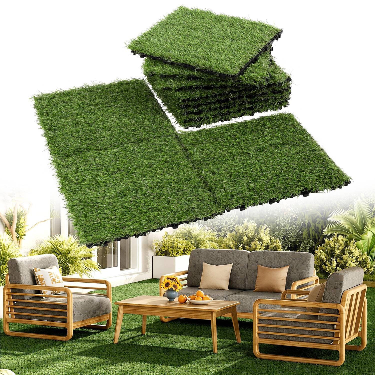 Kunstrasenfliesen 30x30 cm 11 Stück (1 m²) – Klickfliesen Terrassen- & Balkonfliesen mit Stecksystem & Drainage, wetterfest UV-beständig pflegele