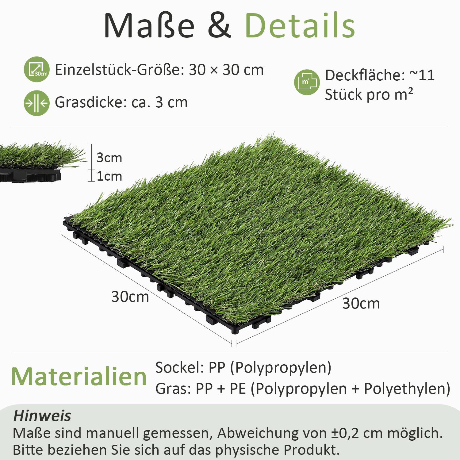 Kunstrasenfliesen 30x30 cm 11 Stück (1 m²) – Klickfliesen Terrassen- & Balkonfliesen mit Stecksystem & Drainage, wetterfest UV-beständig pflegele