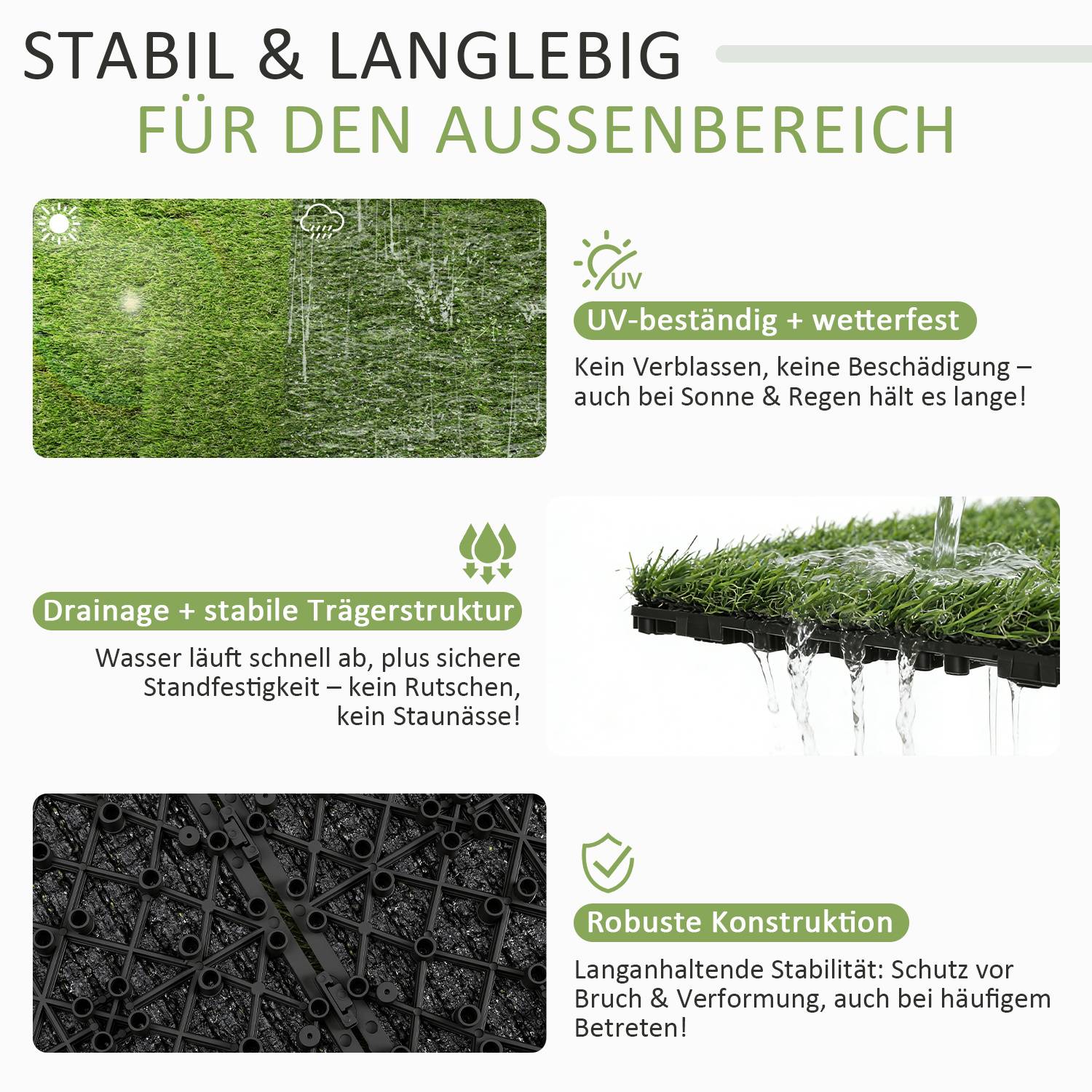 Kunstrasenfliesen 30x30 cm 11 Stück (1 m²) – Klickfliesen Terrassen- & Balkonfliesen mit Stecksystem & Drainage, wetterfest UV-beständig pflegele
