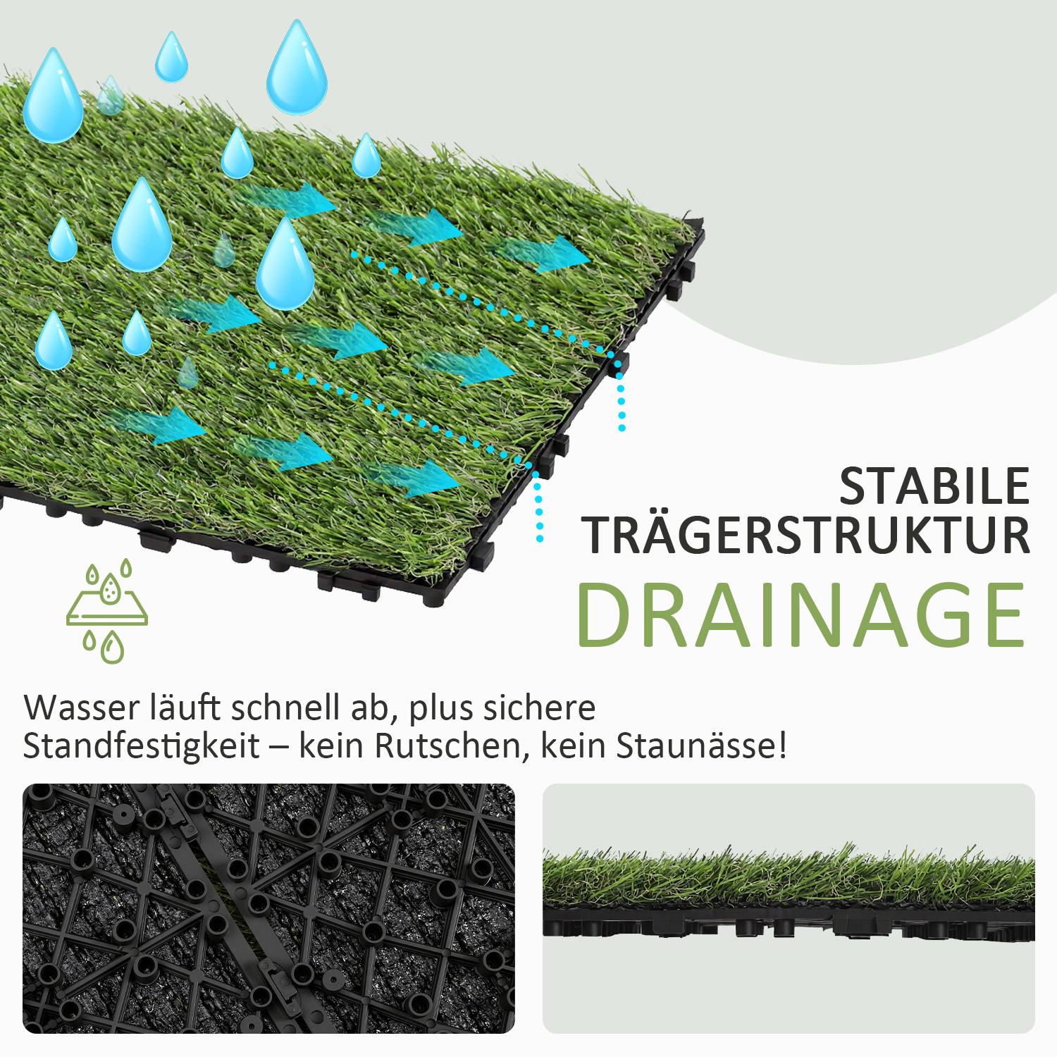 Kunstrasenfliesen 30x30 cm 77 Stück (7 m²) – Klickfliesen Terrassen- & Balkonfliesen mit Stecksystem & Drainage, wetterfest UV-beständig pflegele