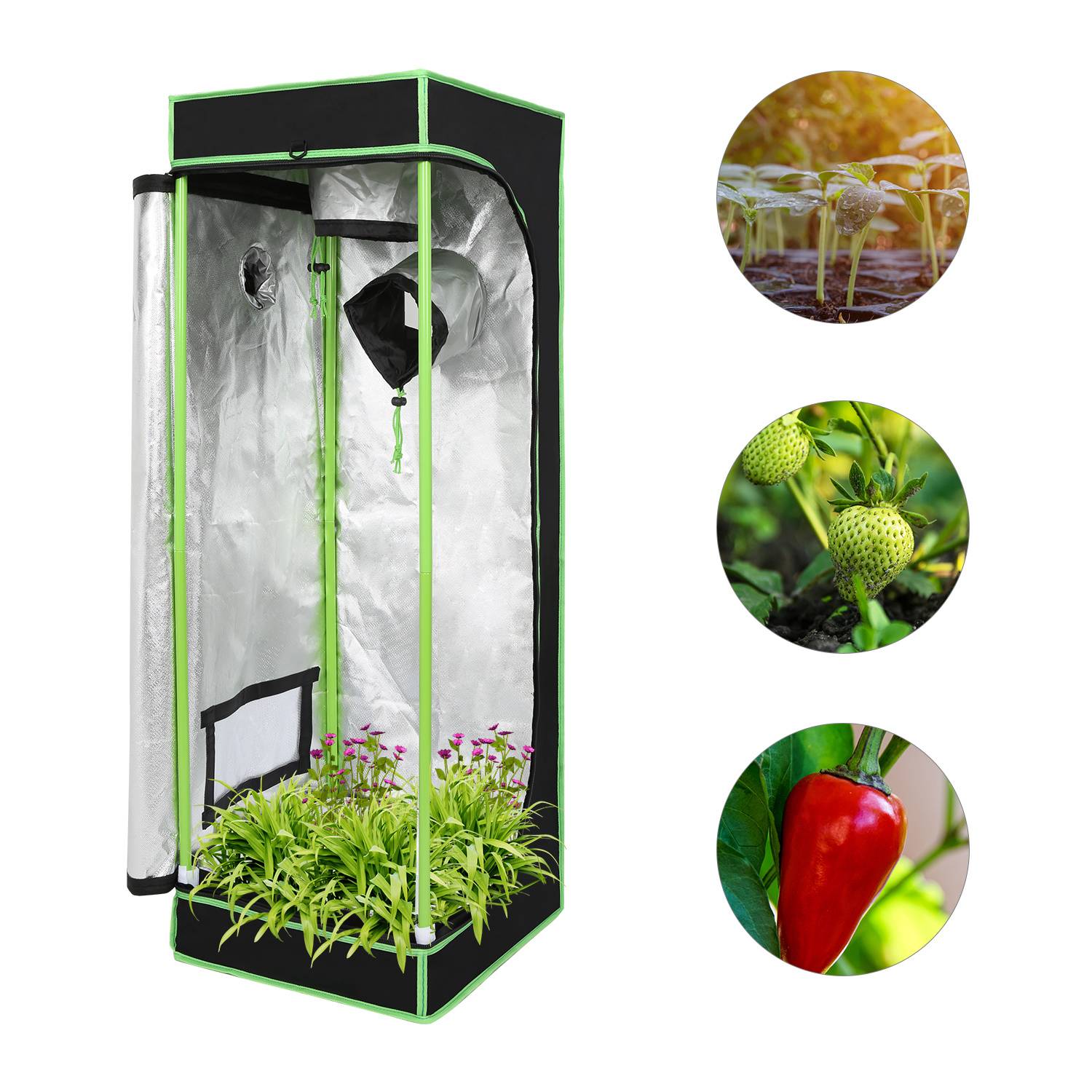 Growbox Indoor Pflanzzelt mit Reißverschluss, Kabelöffnungen und reflektierender Innenfolie 40x40x120cm
