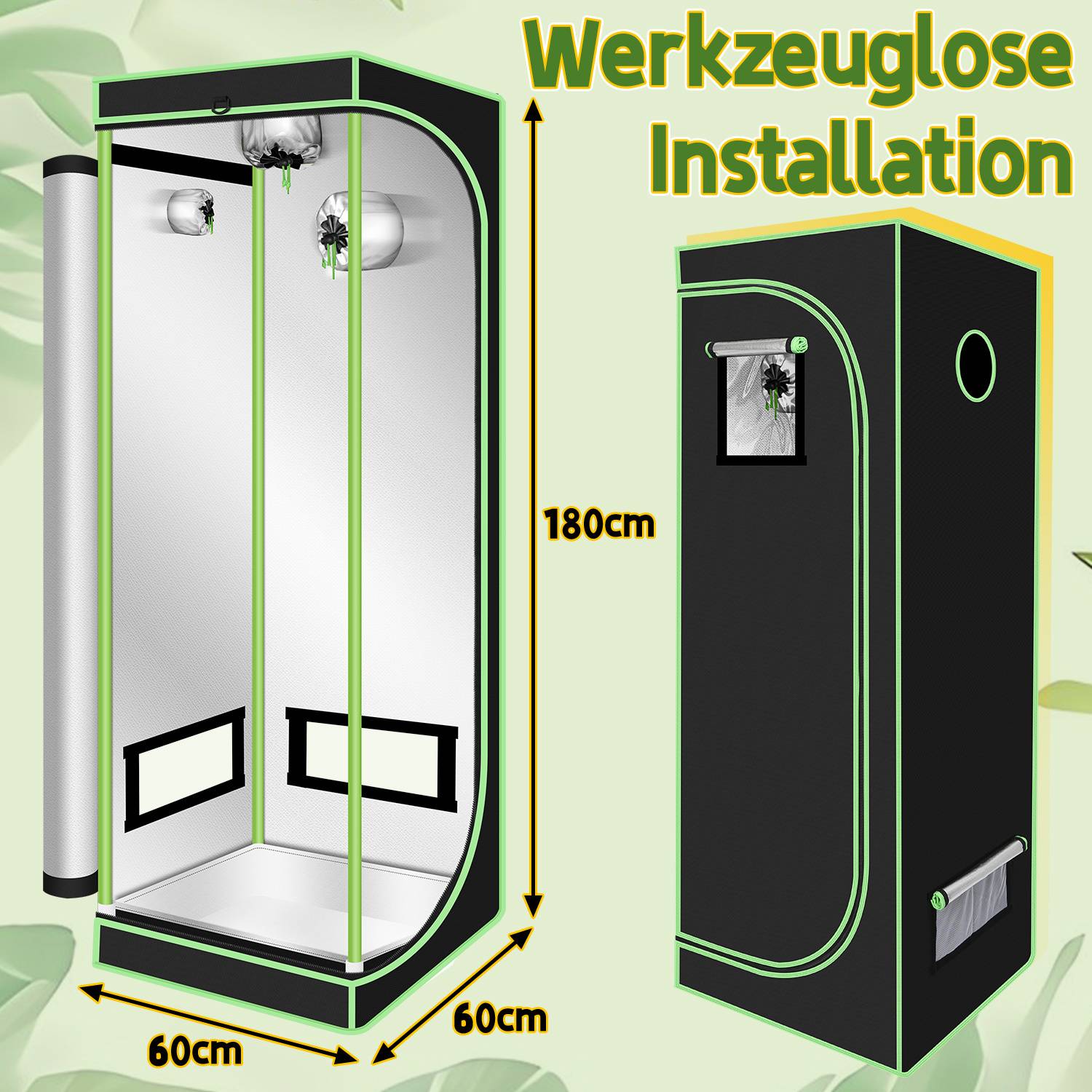 Growbox aus 600D Oxford-Gewebe, reißfest, feuerhemmend, für Kräuter Gemüse und Obst 60x60x180cm