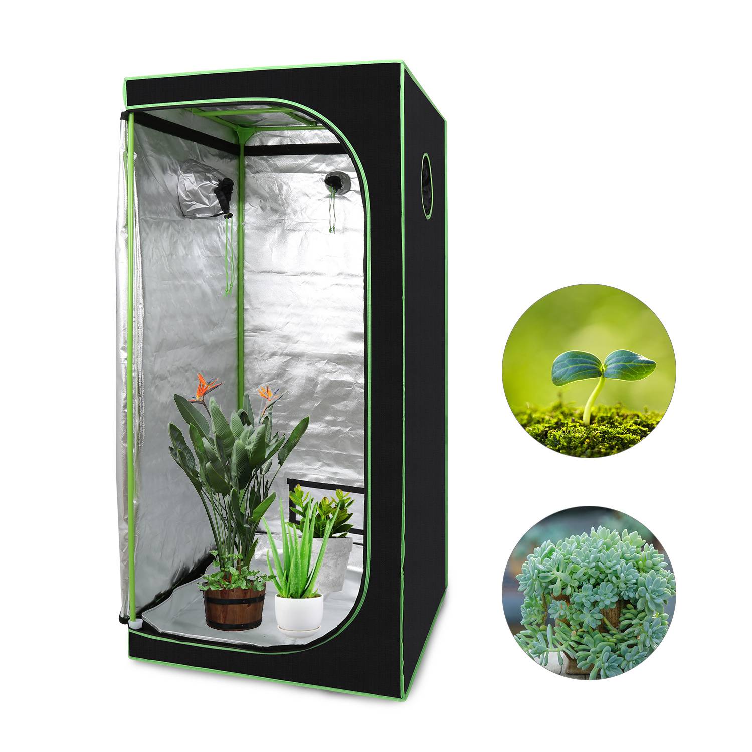 Growbox Indoor Pflanzzelt mit Reißverschluss, Kabelöffnungen und reflektierender Innenfolie 80x80x180cm